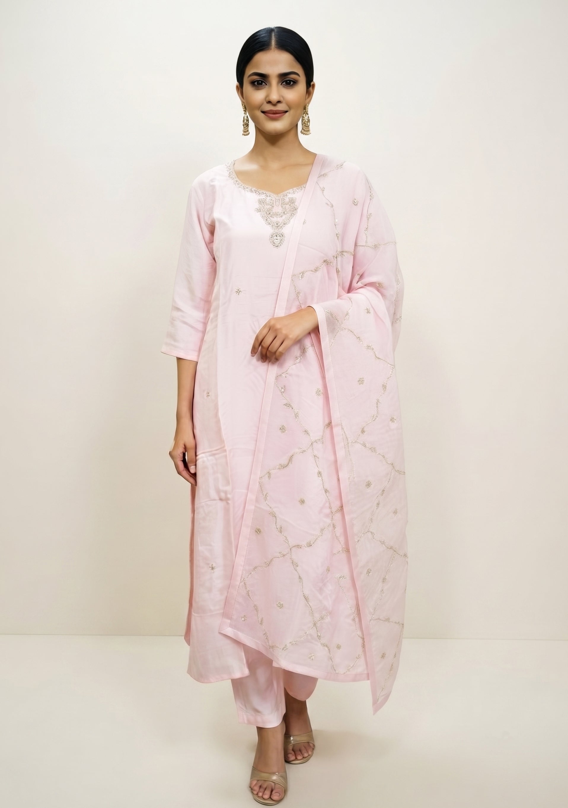 Light Baby Pink Art Silk Handcrafted 3pc suit set