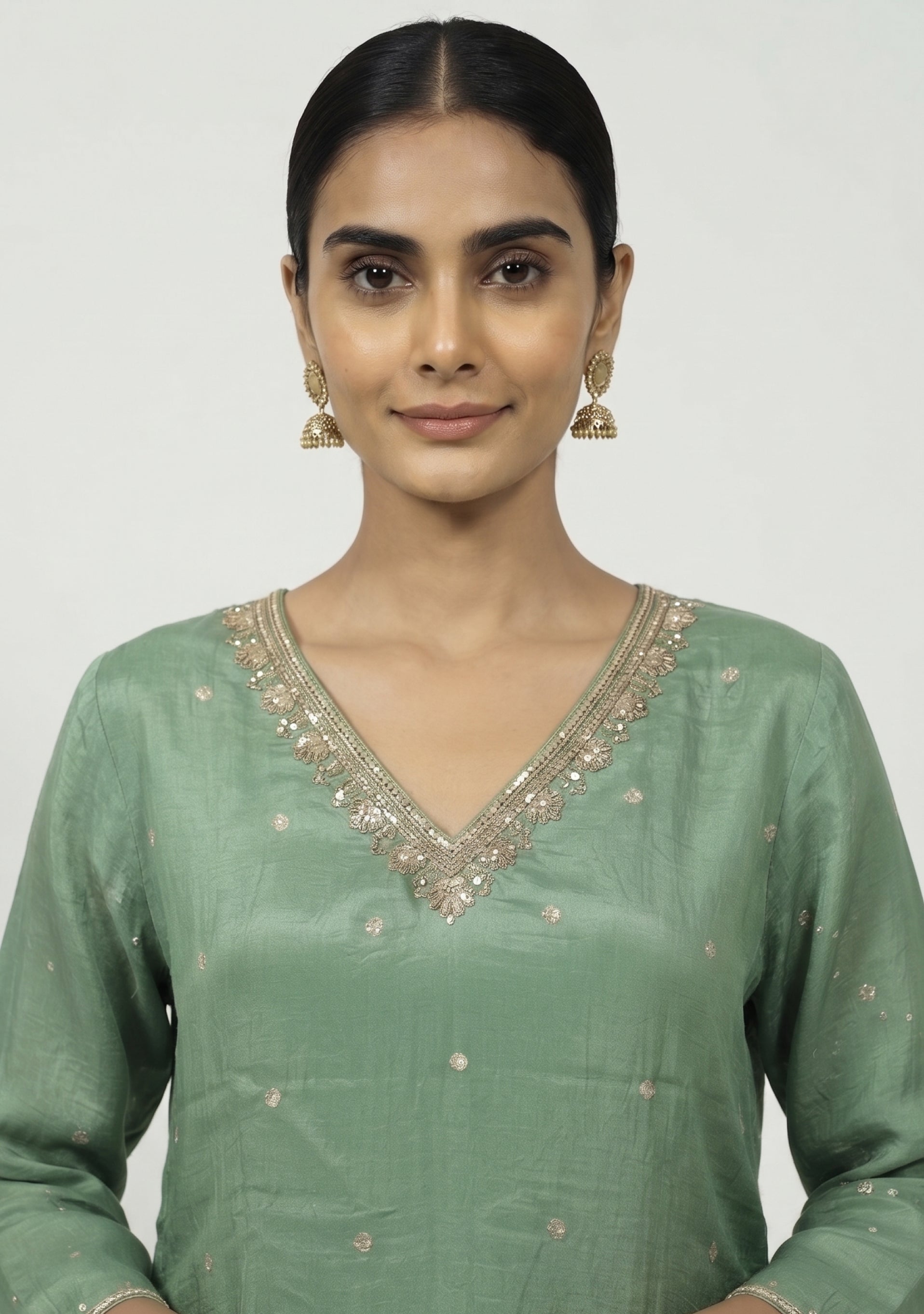 Light Mehendi Green Chinon Handcrafted 3pc suit set