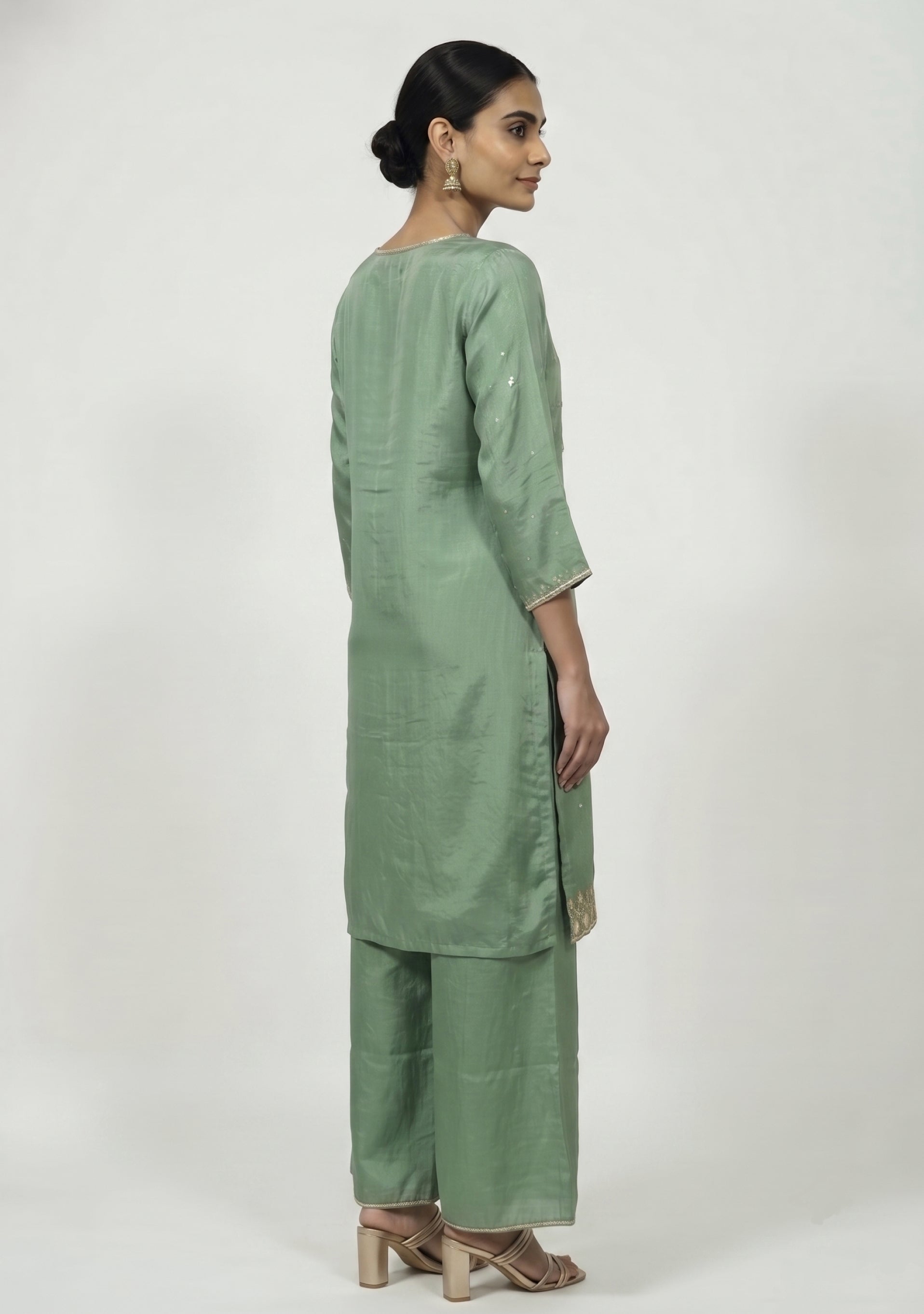 Light Mehendi Green Chinon Handcrafted 3pc suit set