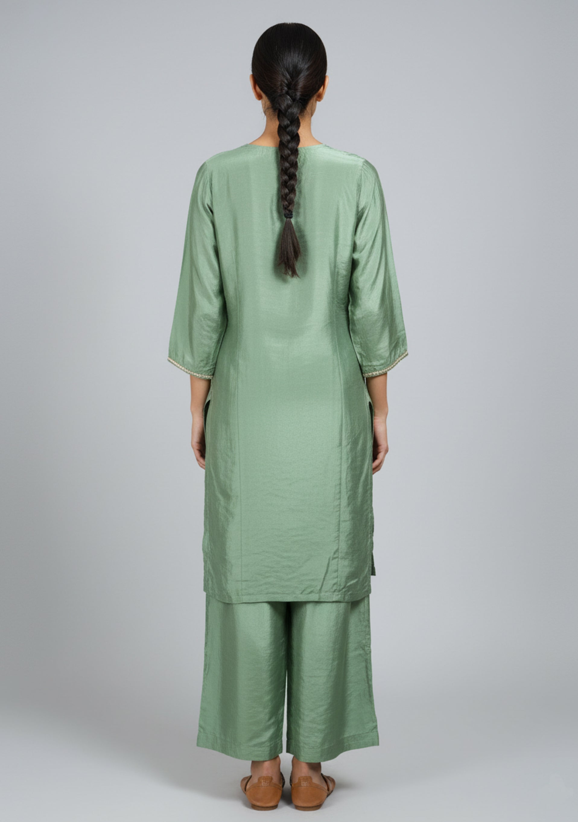 Light Mehendi Green Chinon Handcrafted 3pc suit set