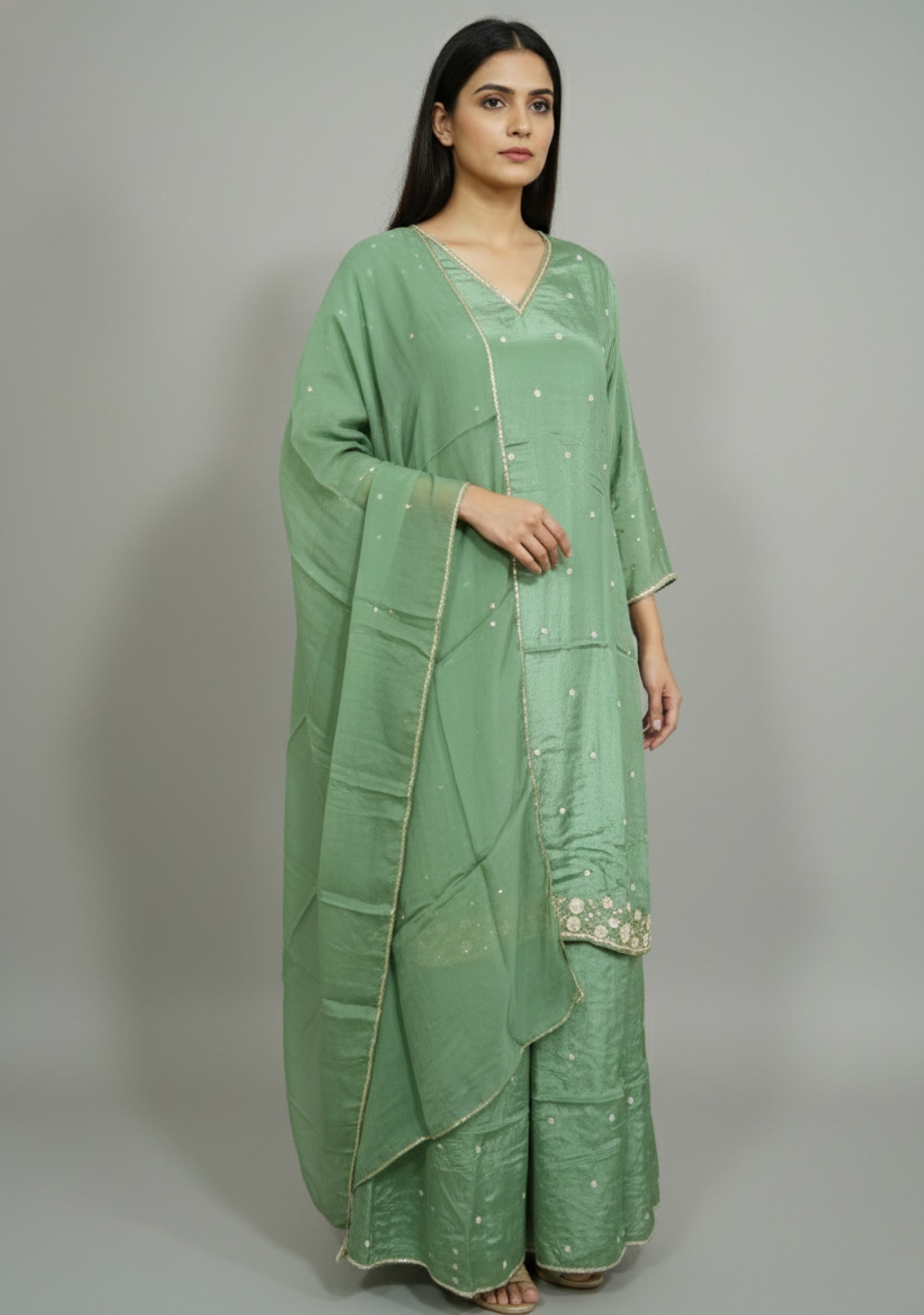 Light Mehendi Green Chinon Handcrafted 3pc suit set