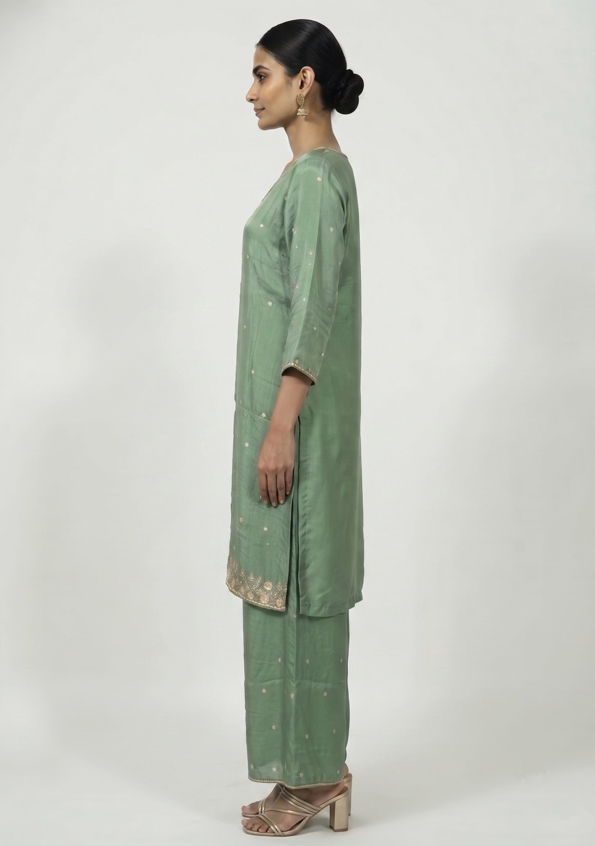 Light Mehendi Green Chinon Handcrafted 3pc suit set