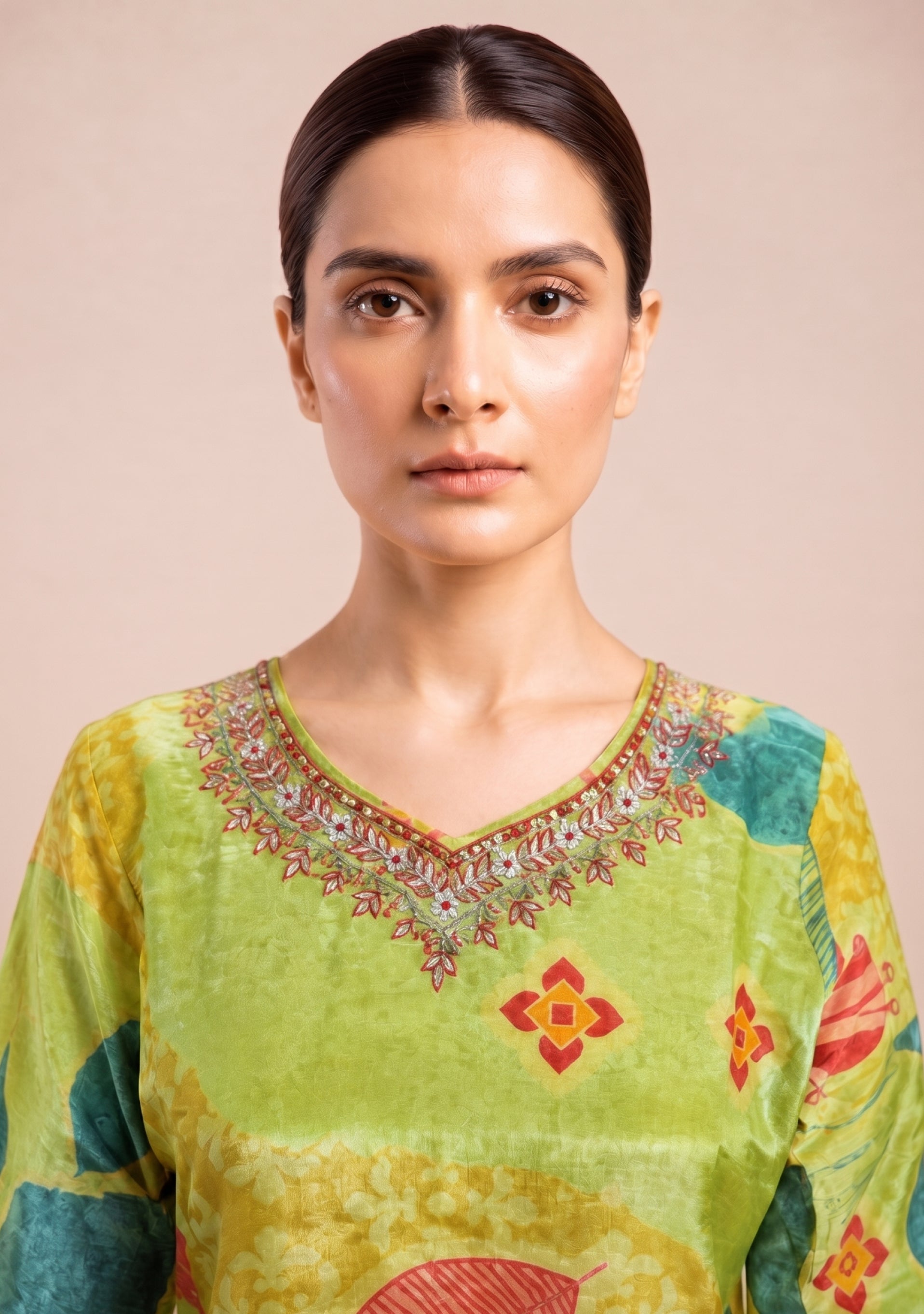 Light Mehendi Ochre Shimmer Handcrafted 3pc suit set