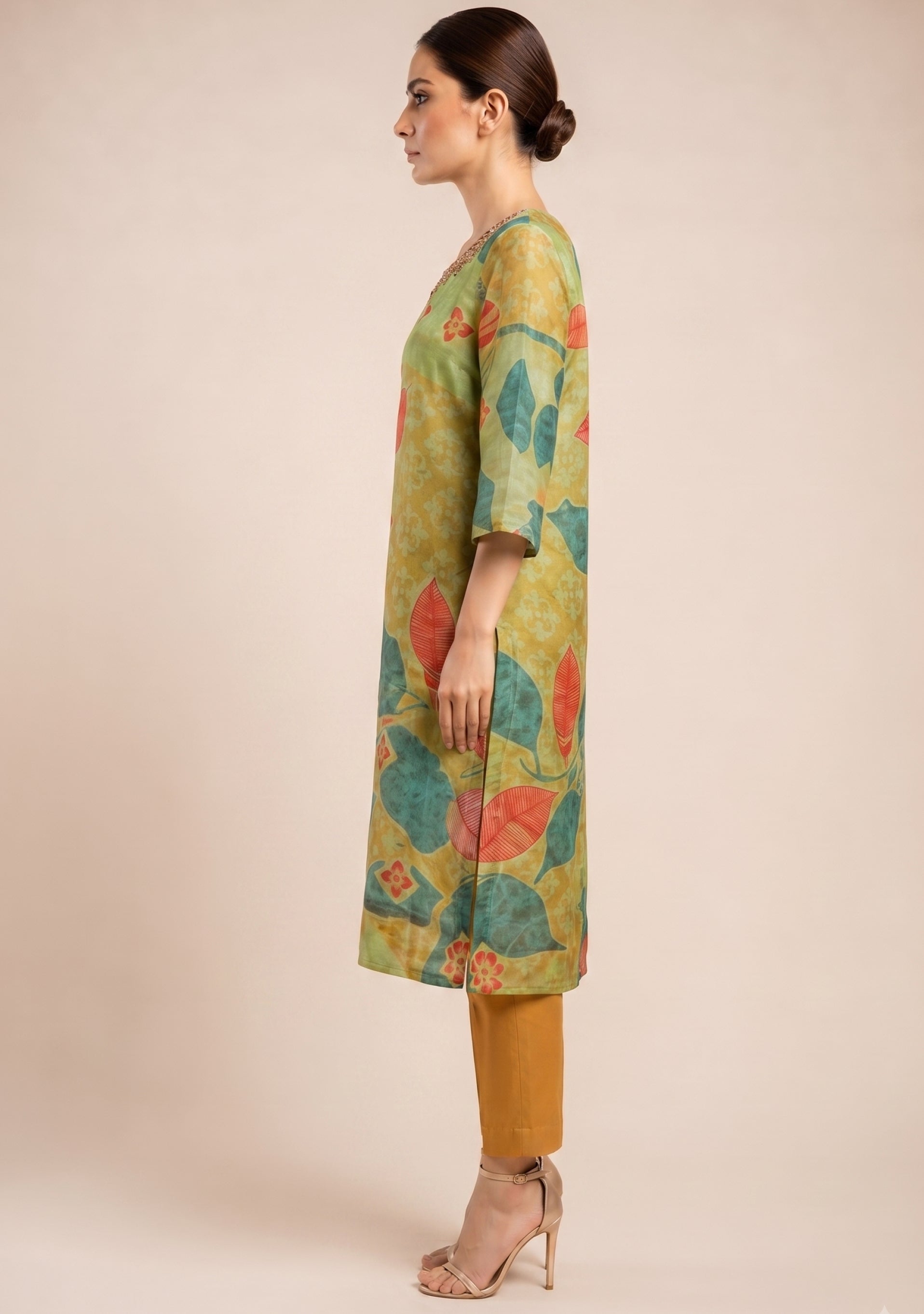 Light Mehendi Ochre Shimmer Handcrafted 3pc suit set