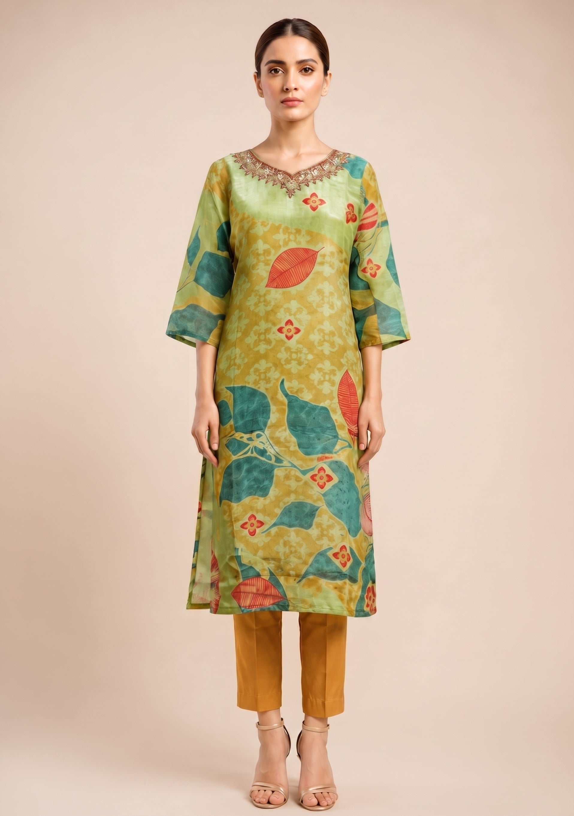 Light Mehendi Ochre Shimmer Handcrafted 3pc suit set