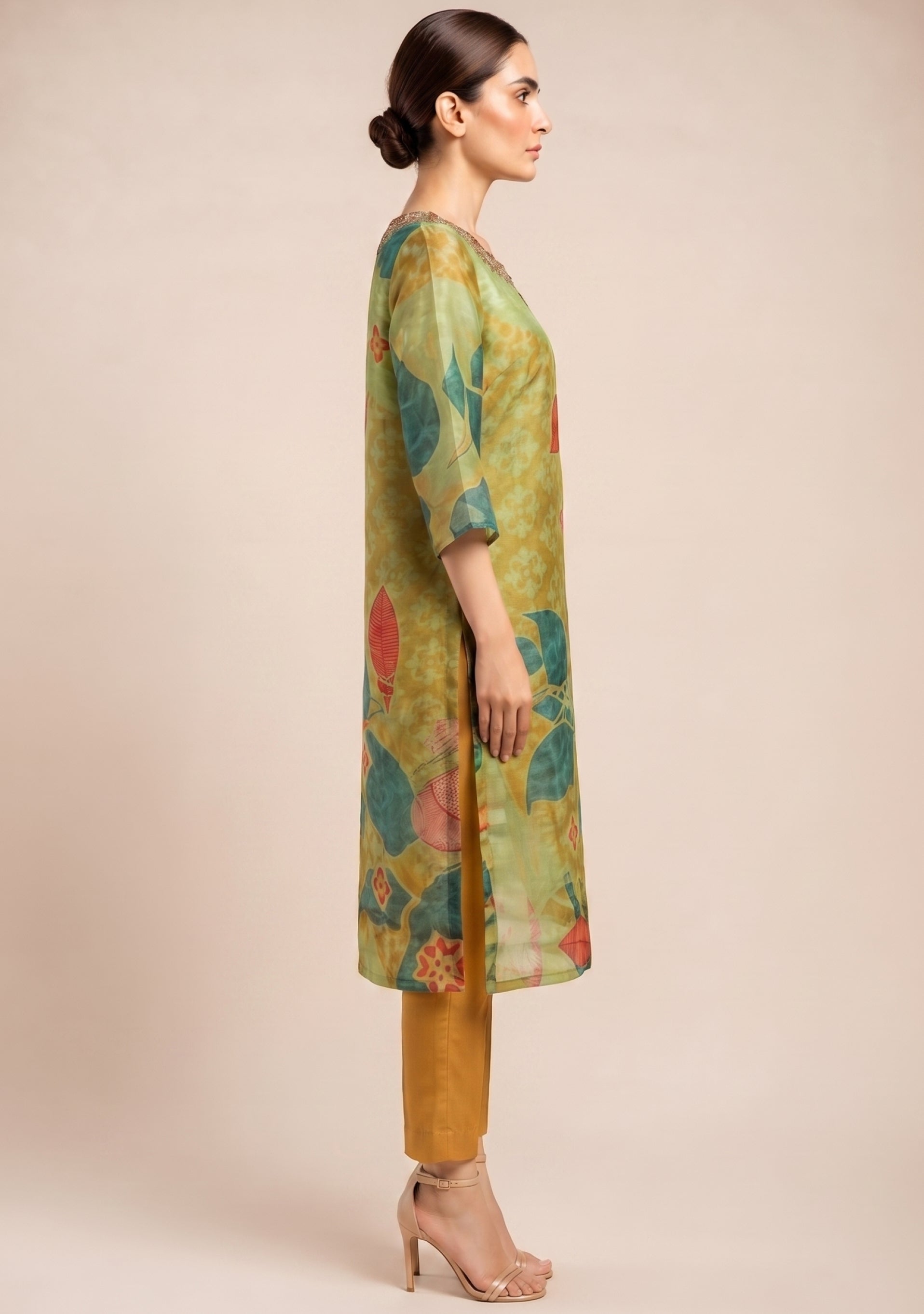 Light Mehendi Ochre Shimmer Handcrafted 3pc suit set
