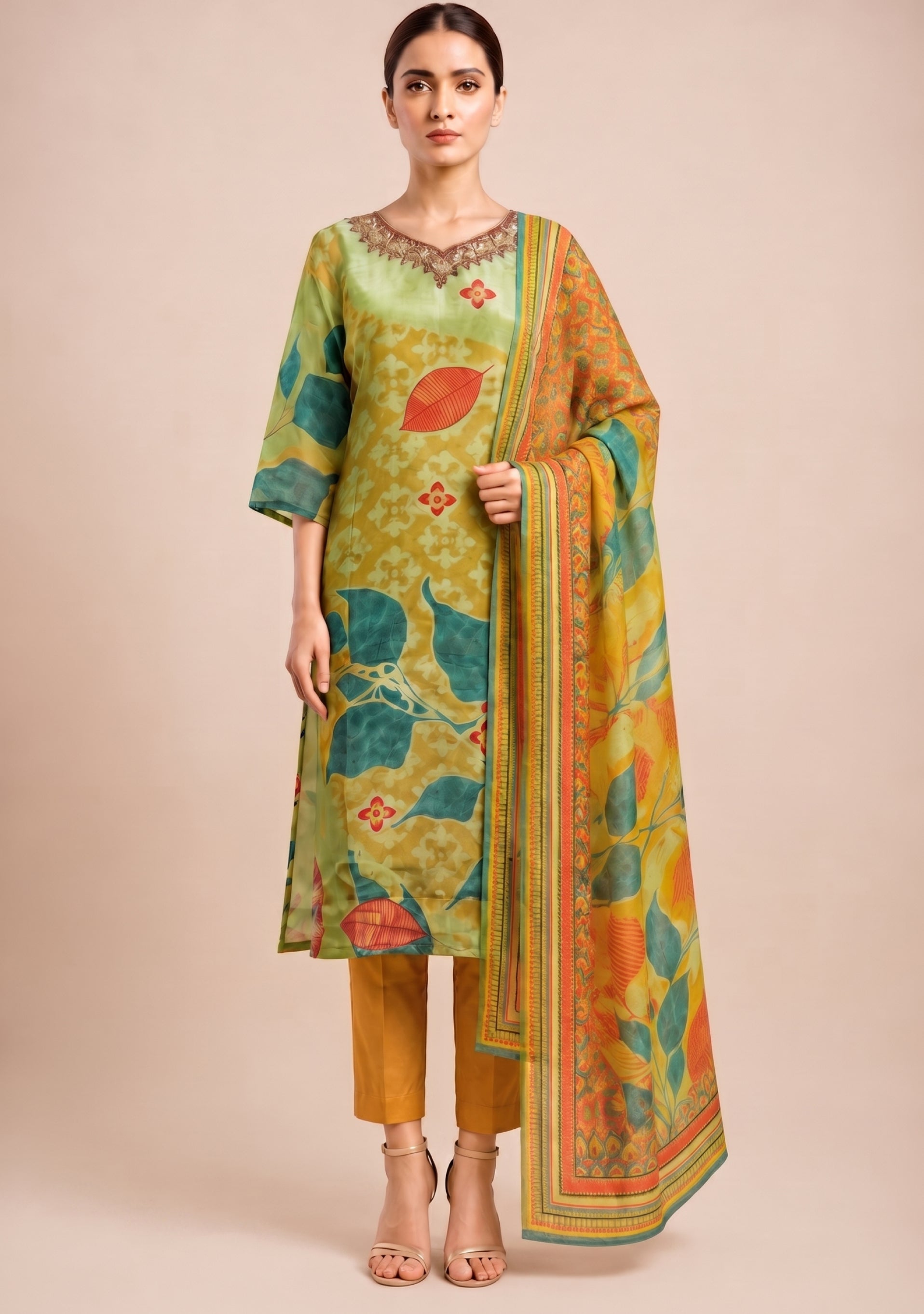 Light Mehendi Ochre Shimmer Handcrafted 3pc suit set