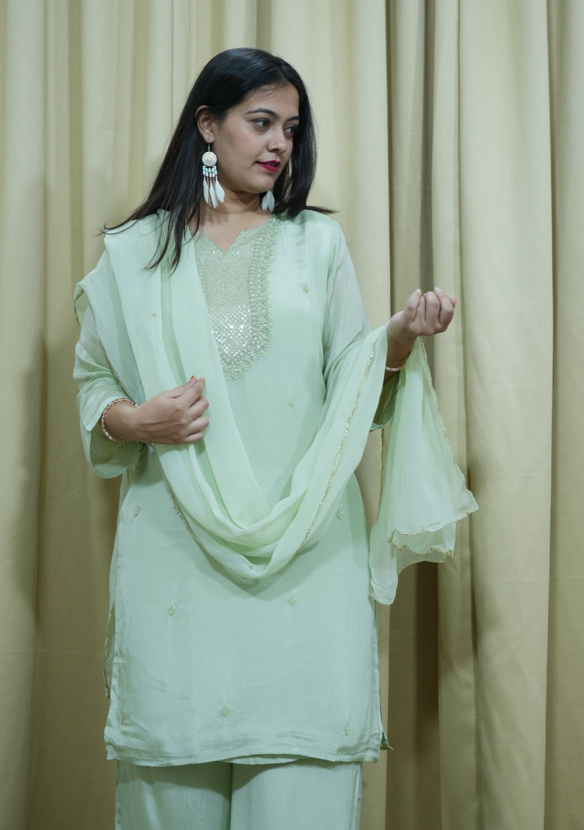 Light Mint Green Chinon Handcrafted 3pc suit set