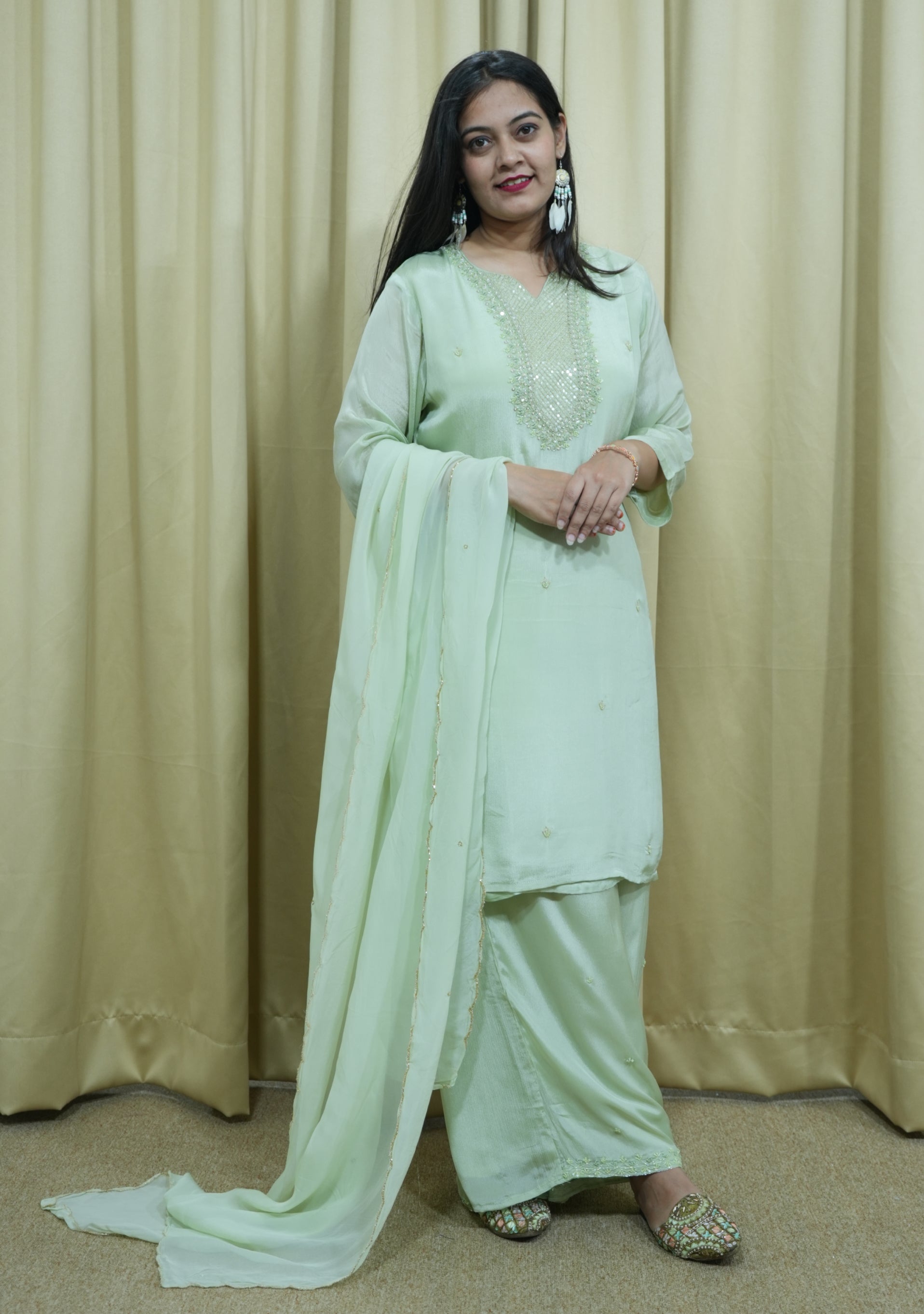 Light Mint Green Chinon Handcrafted 3pc suit set