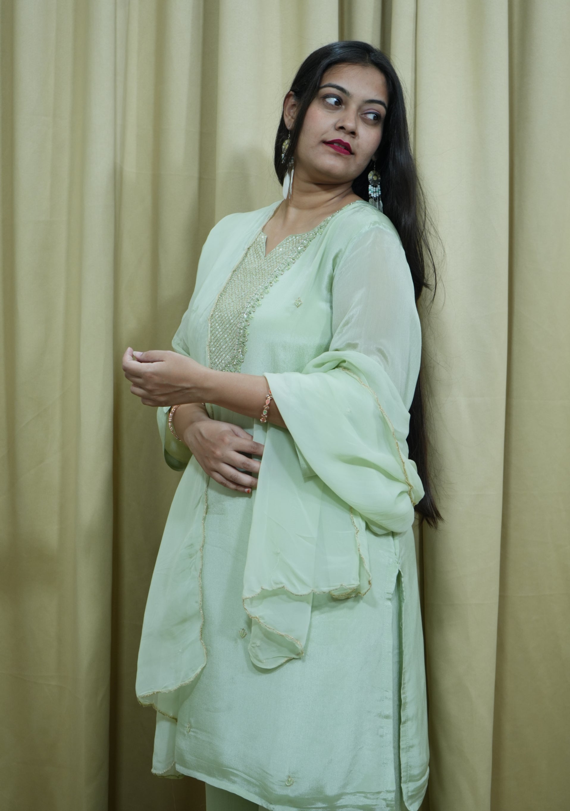 Light Mint Green Chinon Handcrafted 3pc suit set