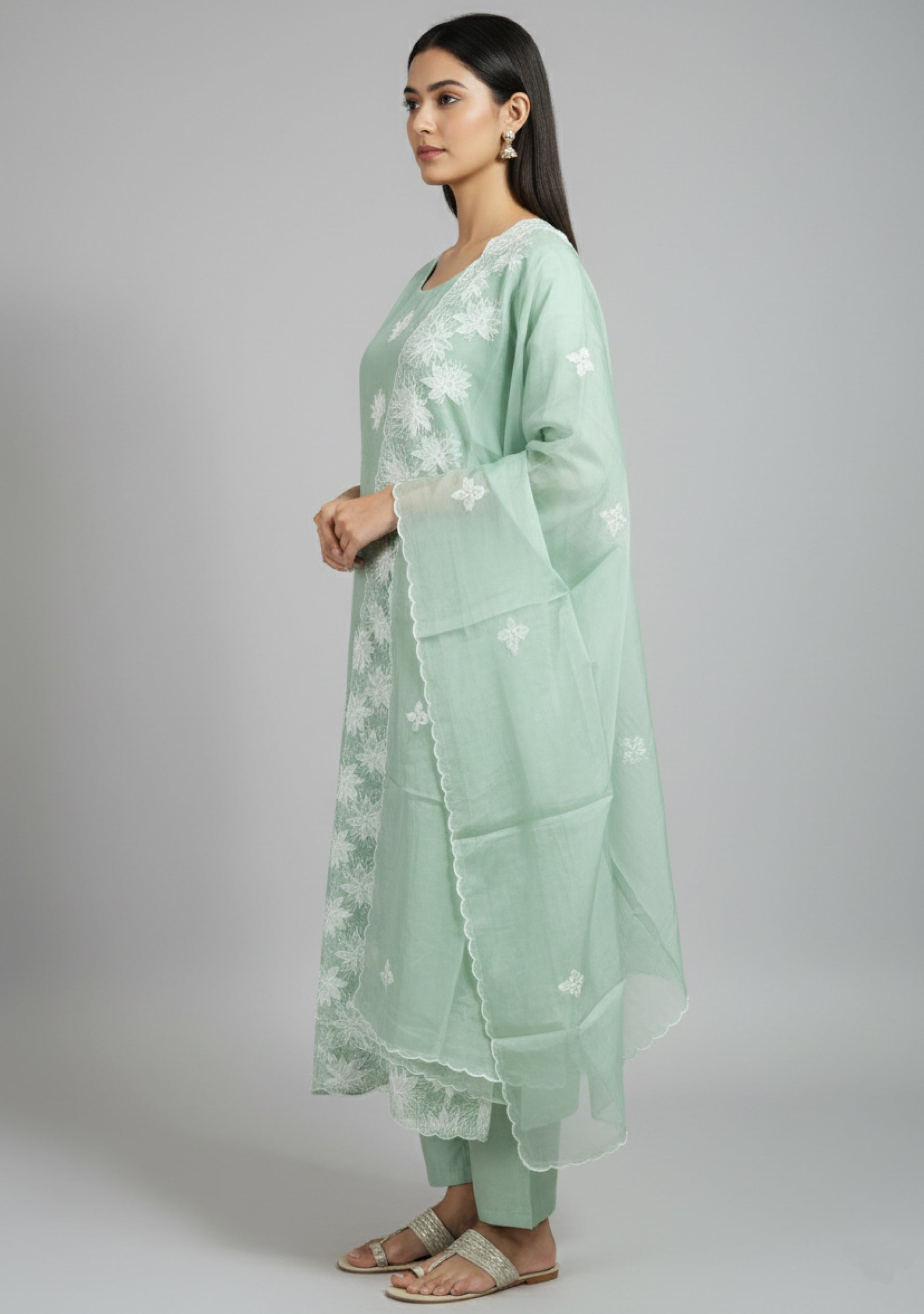 Light Pista Green Art Silk Handcrafted 3pc suit set