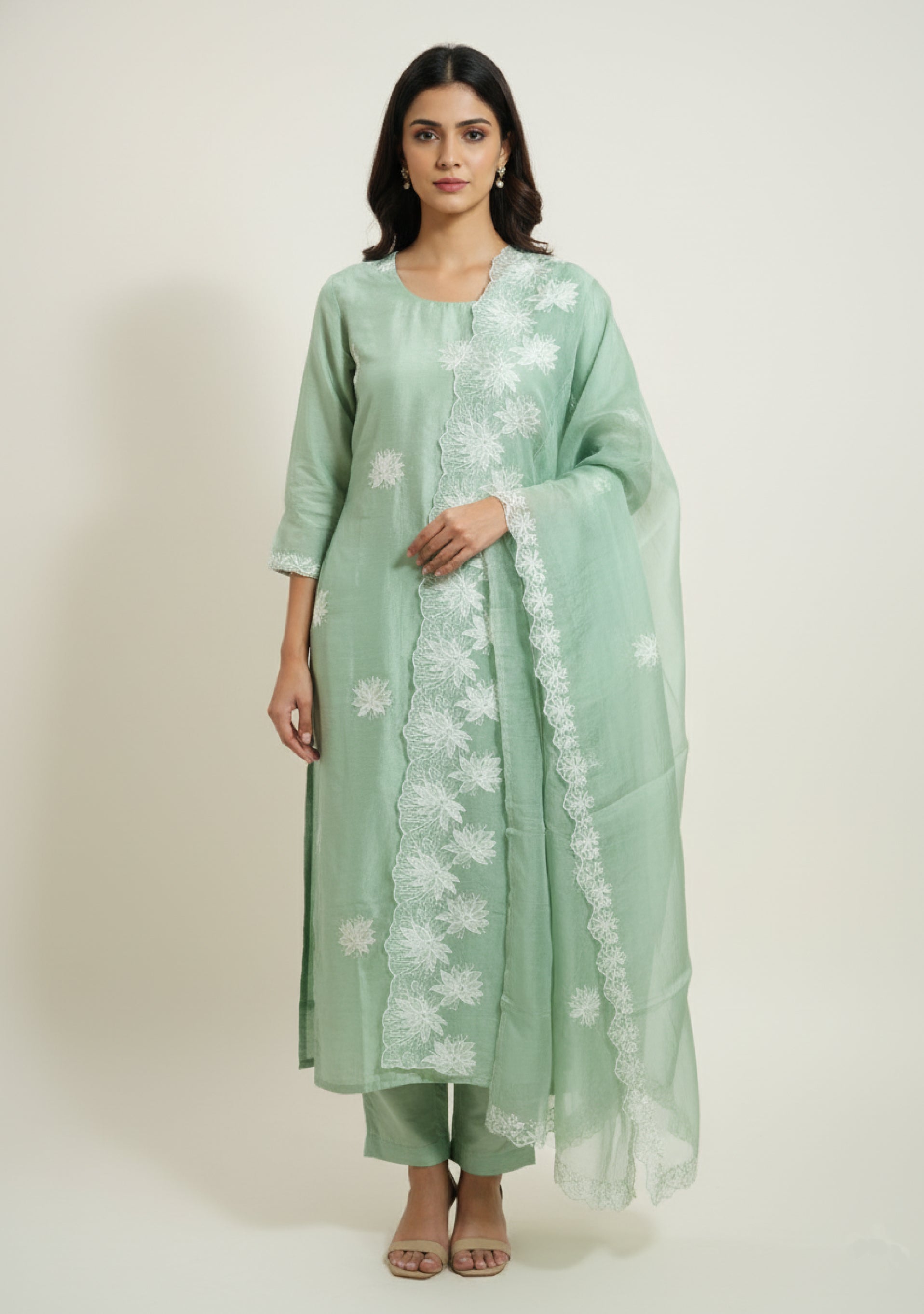 Light Pista Green Art Silk Handcrafted 3pc suit set