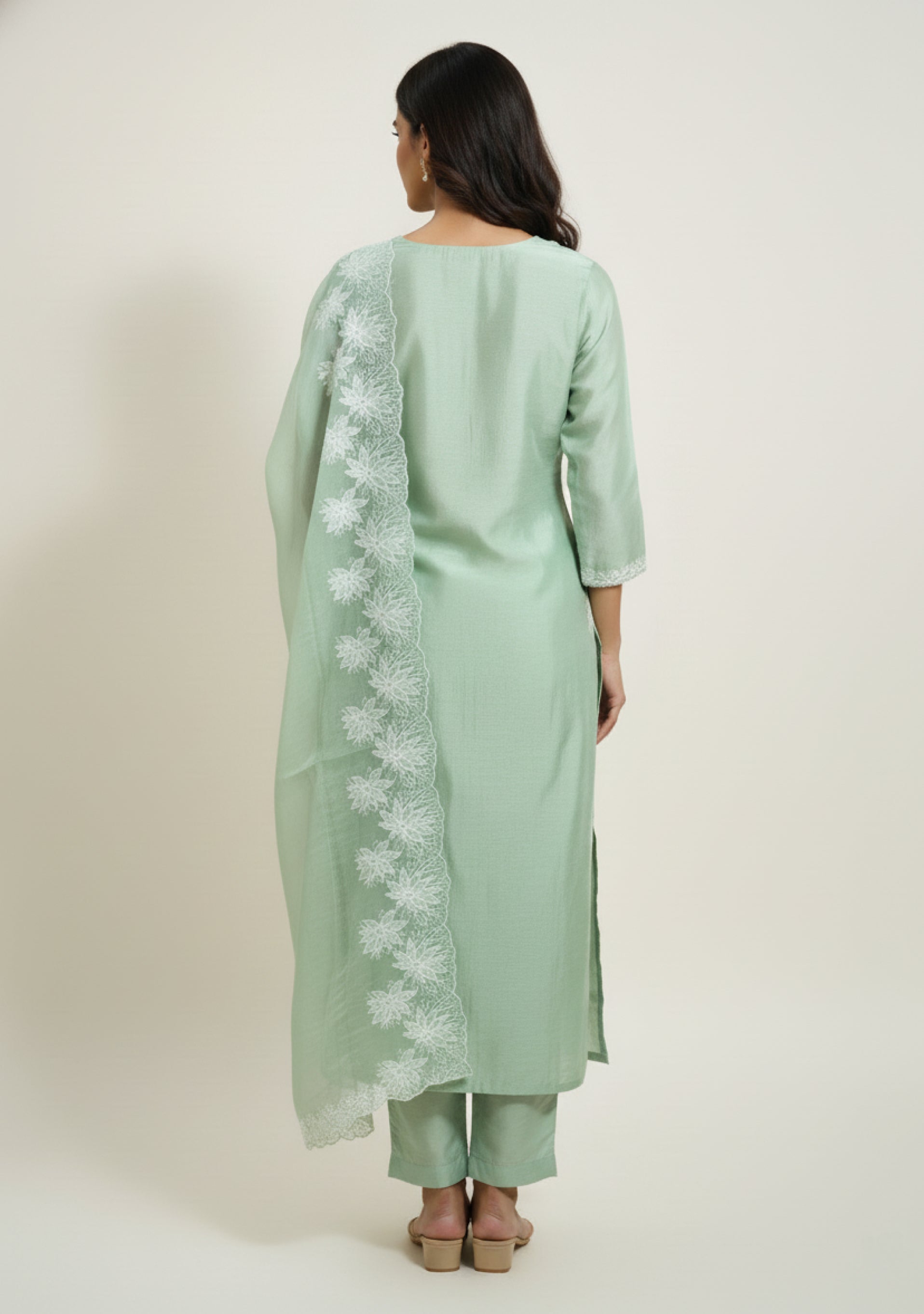 Light Pista Green Art Silk Handcrafted 3pc suit set