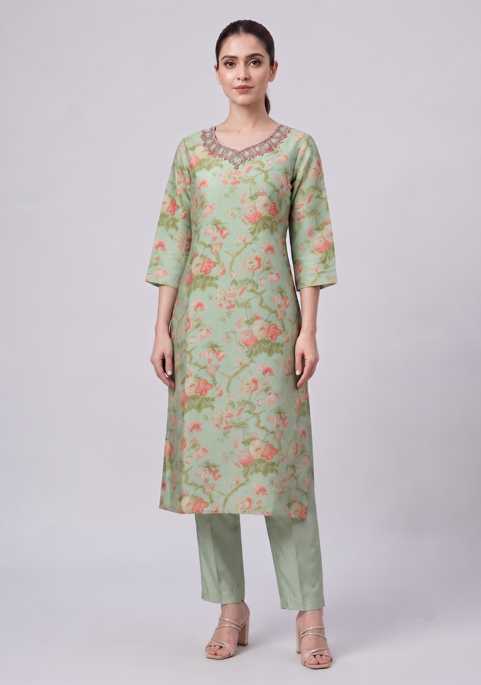 Light Pista Green Shimmer Handcrafted 3pc suit set
