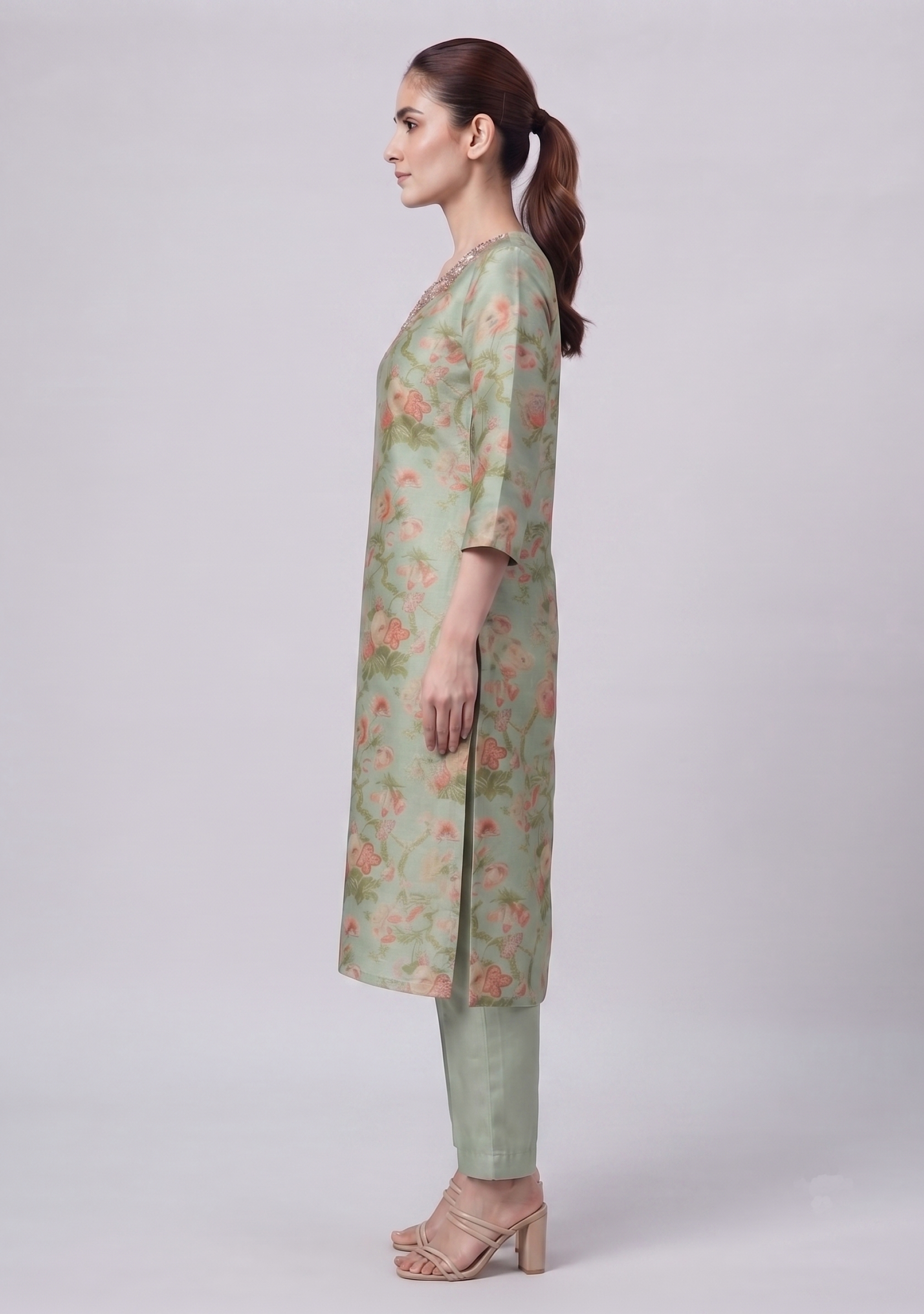 Light Pista Green Shimmer Handcrafted 3pc suit set