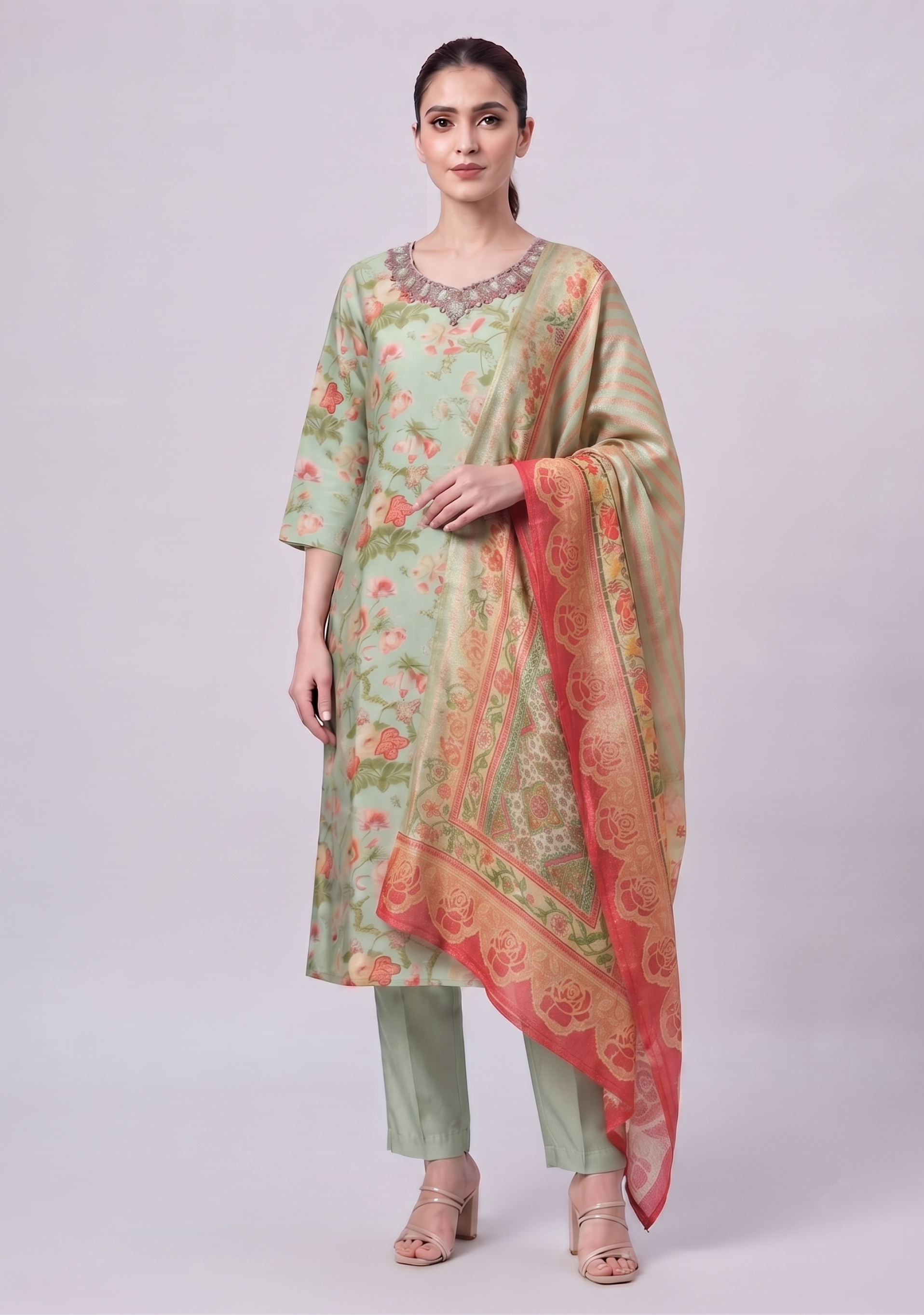 Light Pista Green Shimmer Handcrafted 3pc suit set