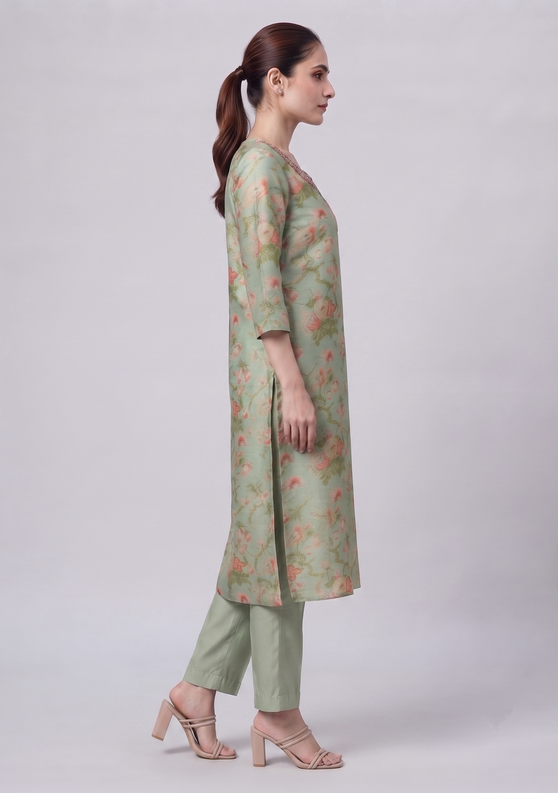 Light Pista Green Shimmer Handcrafted 3pc suit set