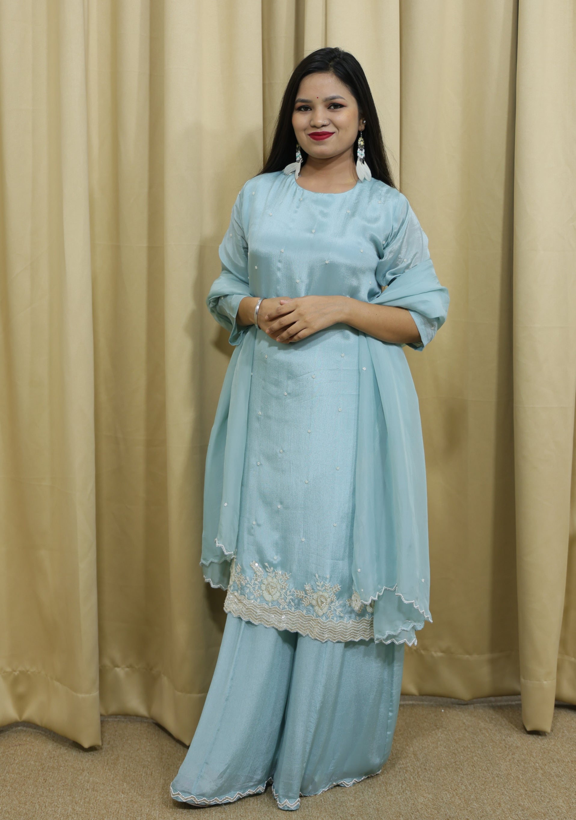 Light Sapphire Blue Chinon Handcrafted 3pc suit set