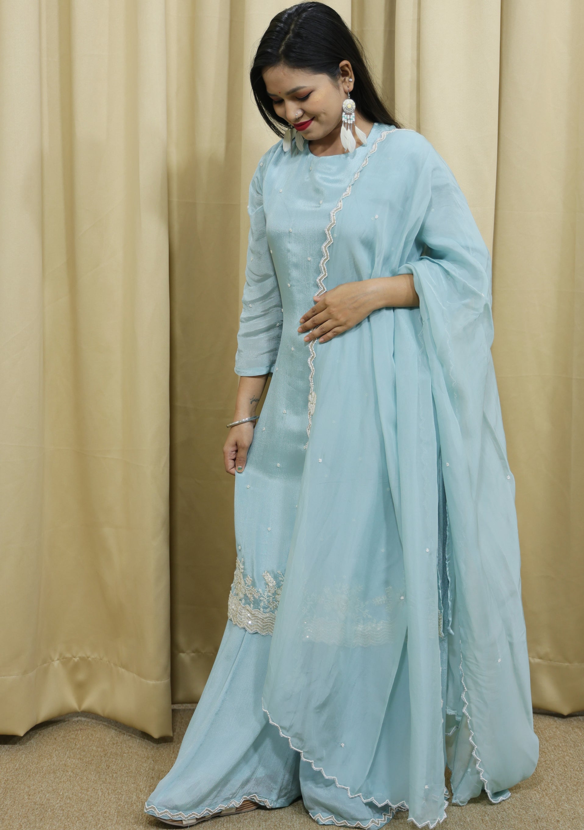 Light Sapphire Blue Chinon Handcrafted 3pc suit set