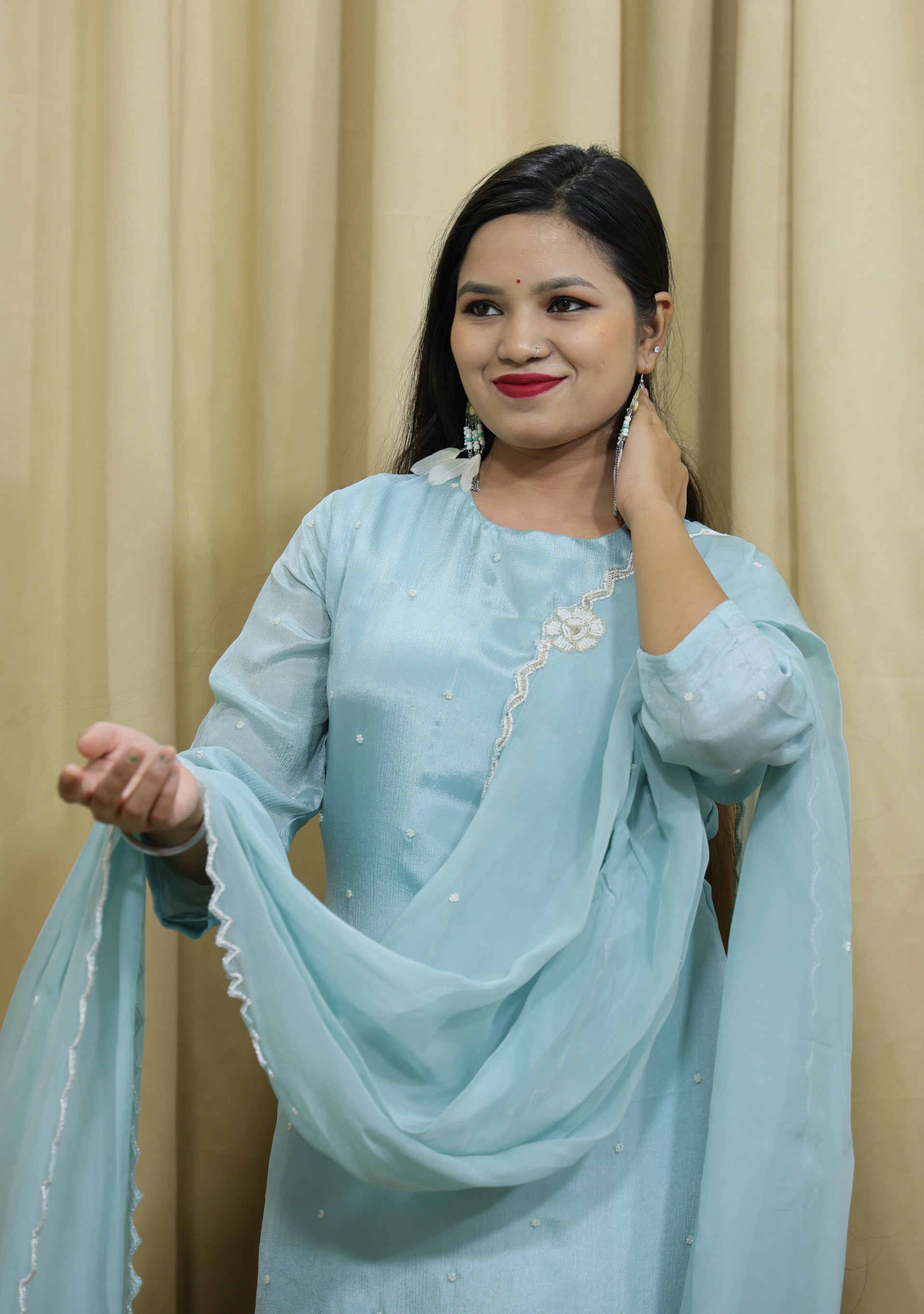 Light Sapphire Blue Chinon Handcrafted 3pc suit set