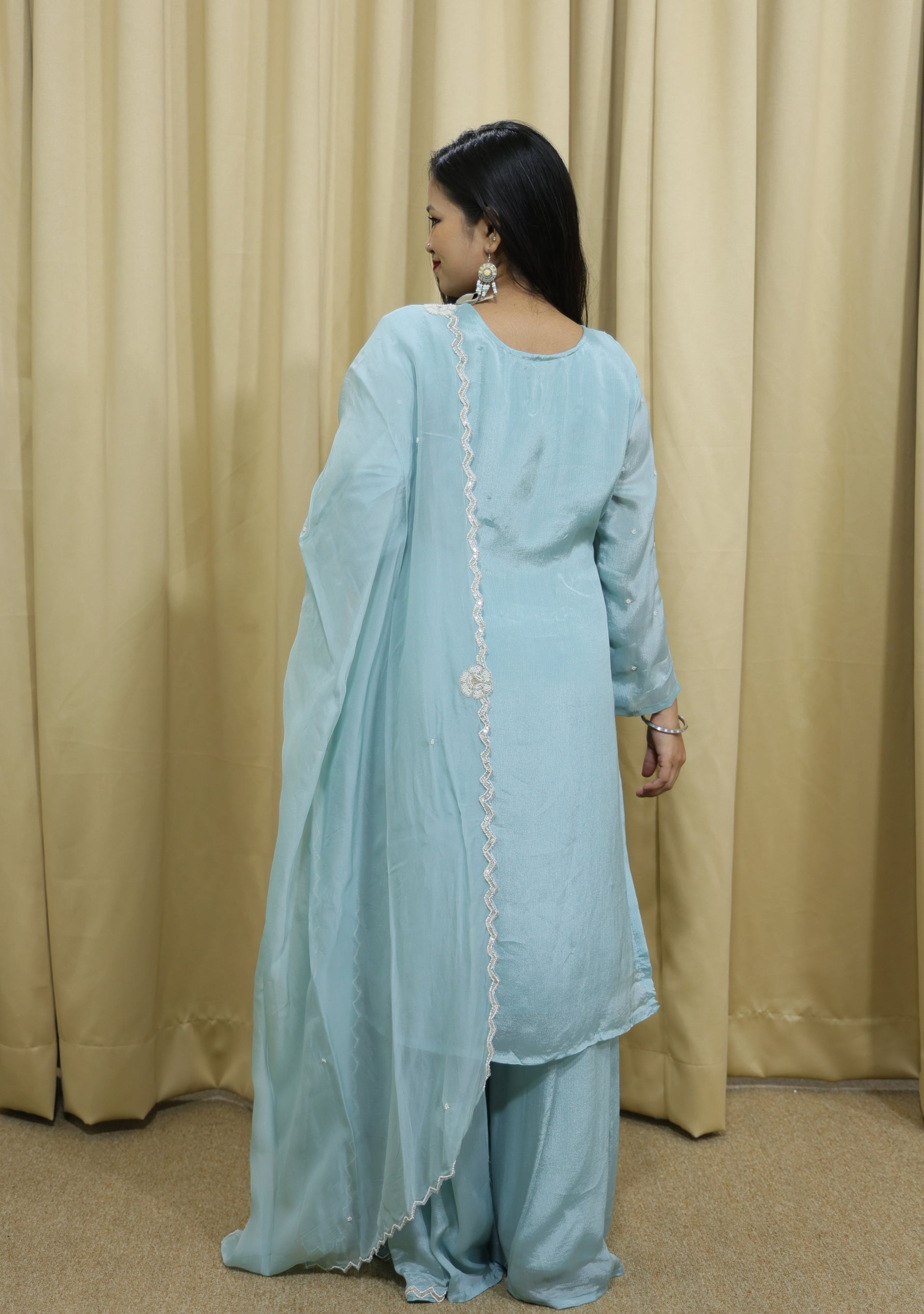 Light Sapphire Blue Chinon Handcrafted 3pc suit set