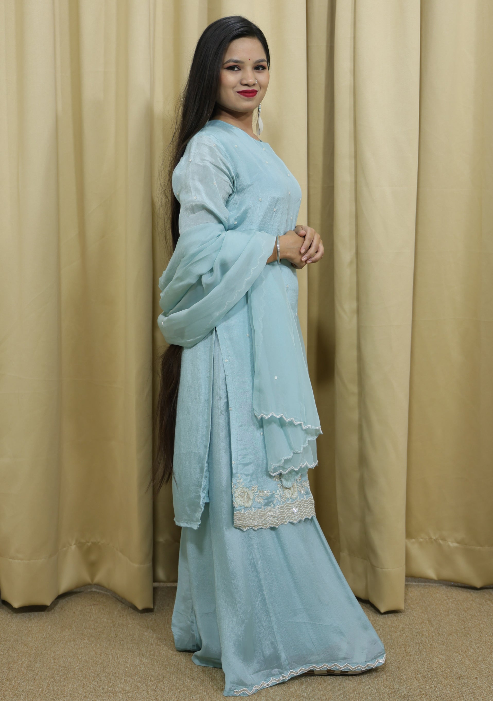 Light Sapphire Blue Chinon Handcrafted 3pc suit set