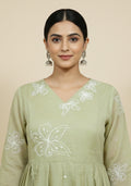 Light Sapphire Green Chanderi Handcrafted Gathered Suit Set