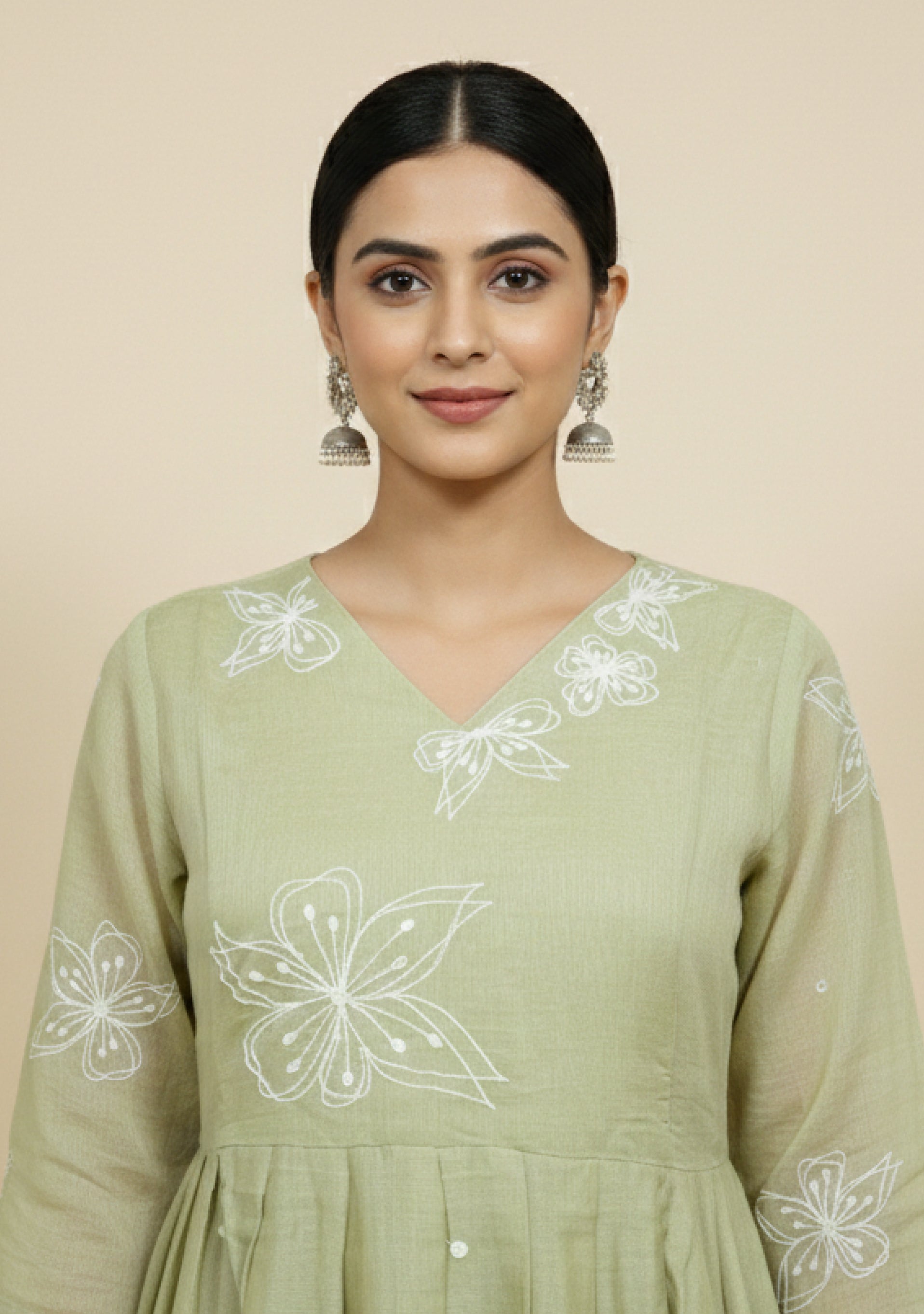Light Sapphire Green Chanderi Handcrafted Gathered Suit Set