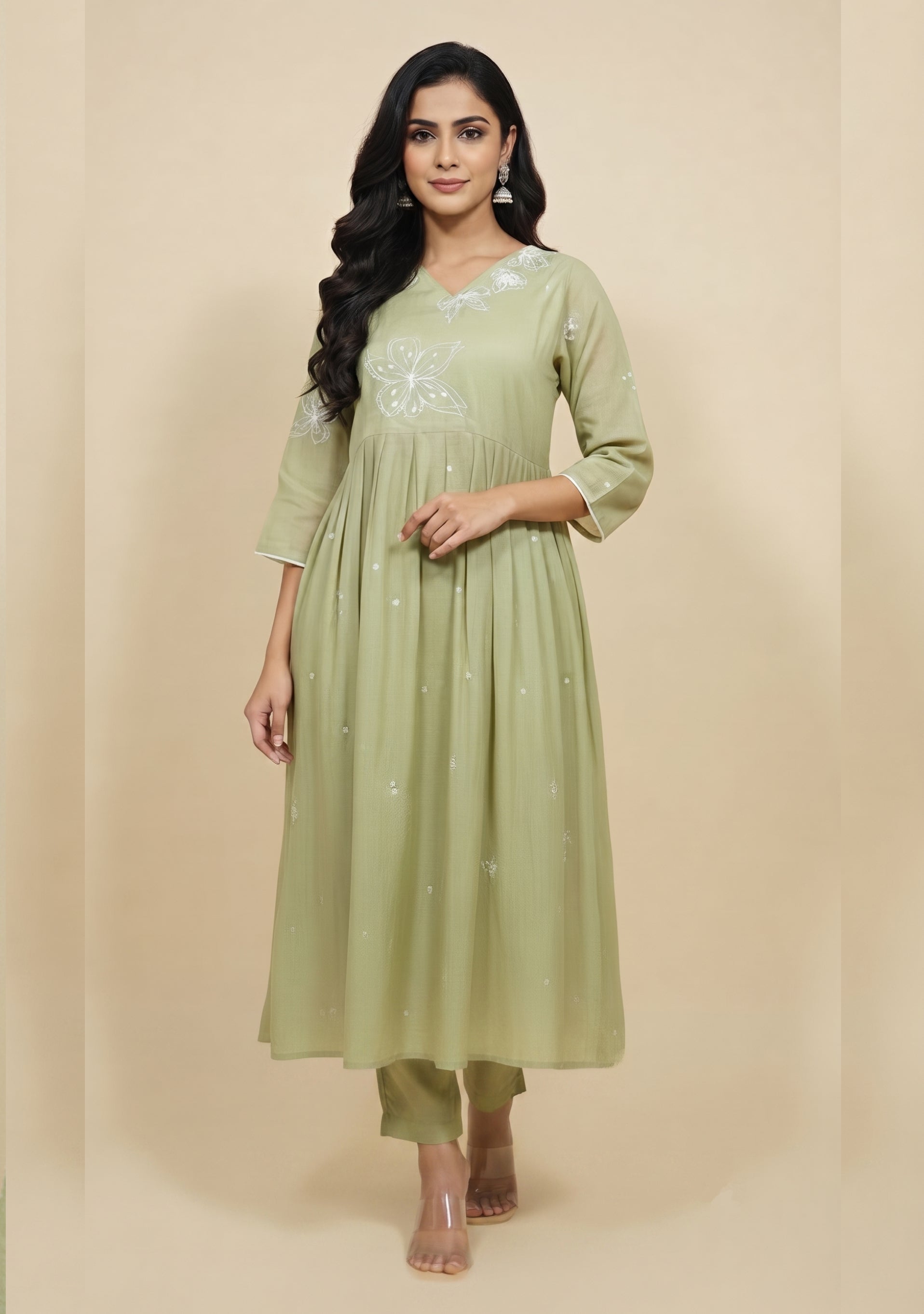 Light Sapphire Green Chanderi Handcrafted Gathered Suit Set