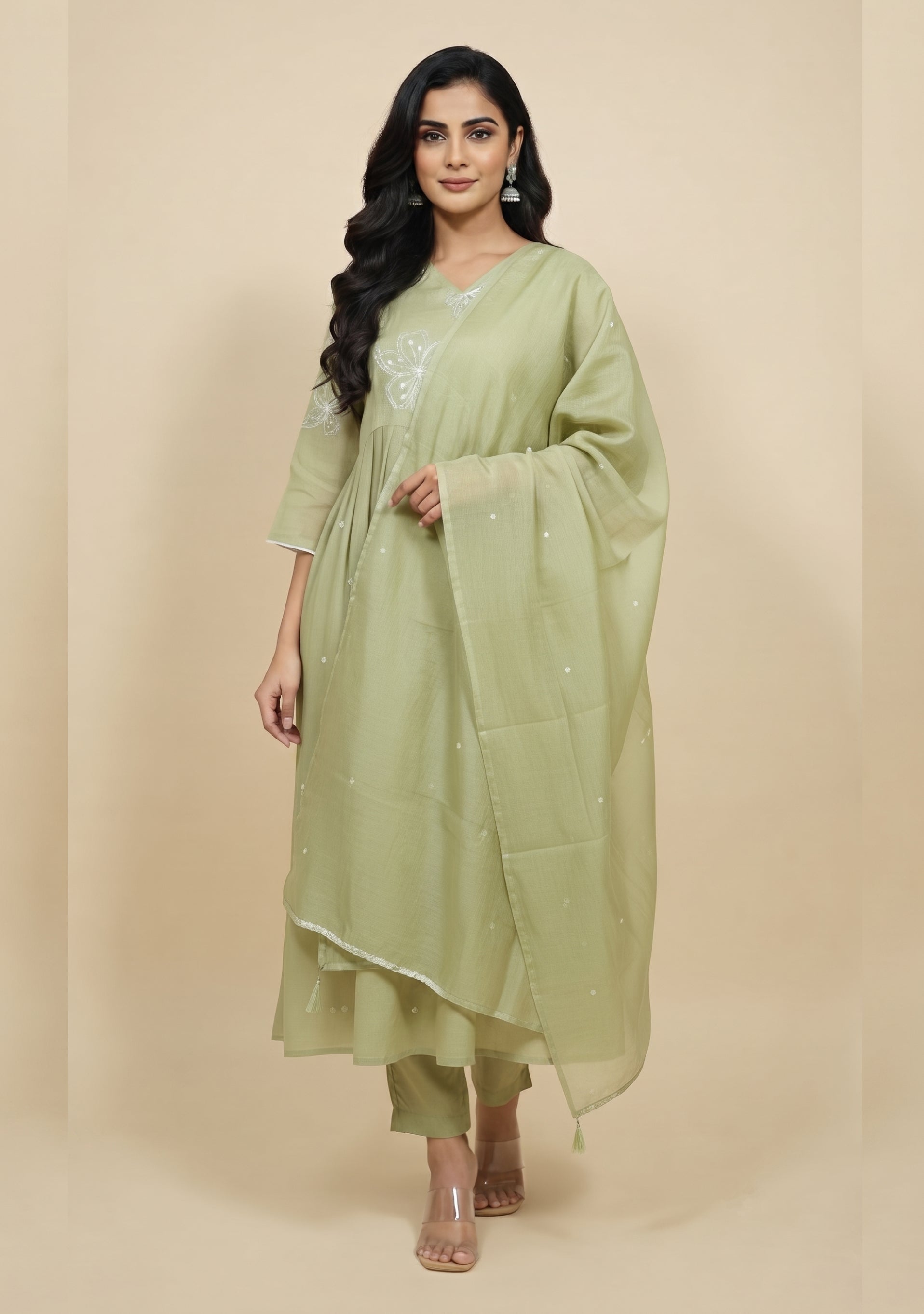 Light Sapphire Green Chanderi Handcrafted Gathered Suit Set
