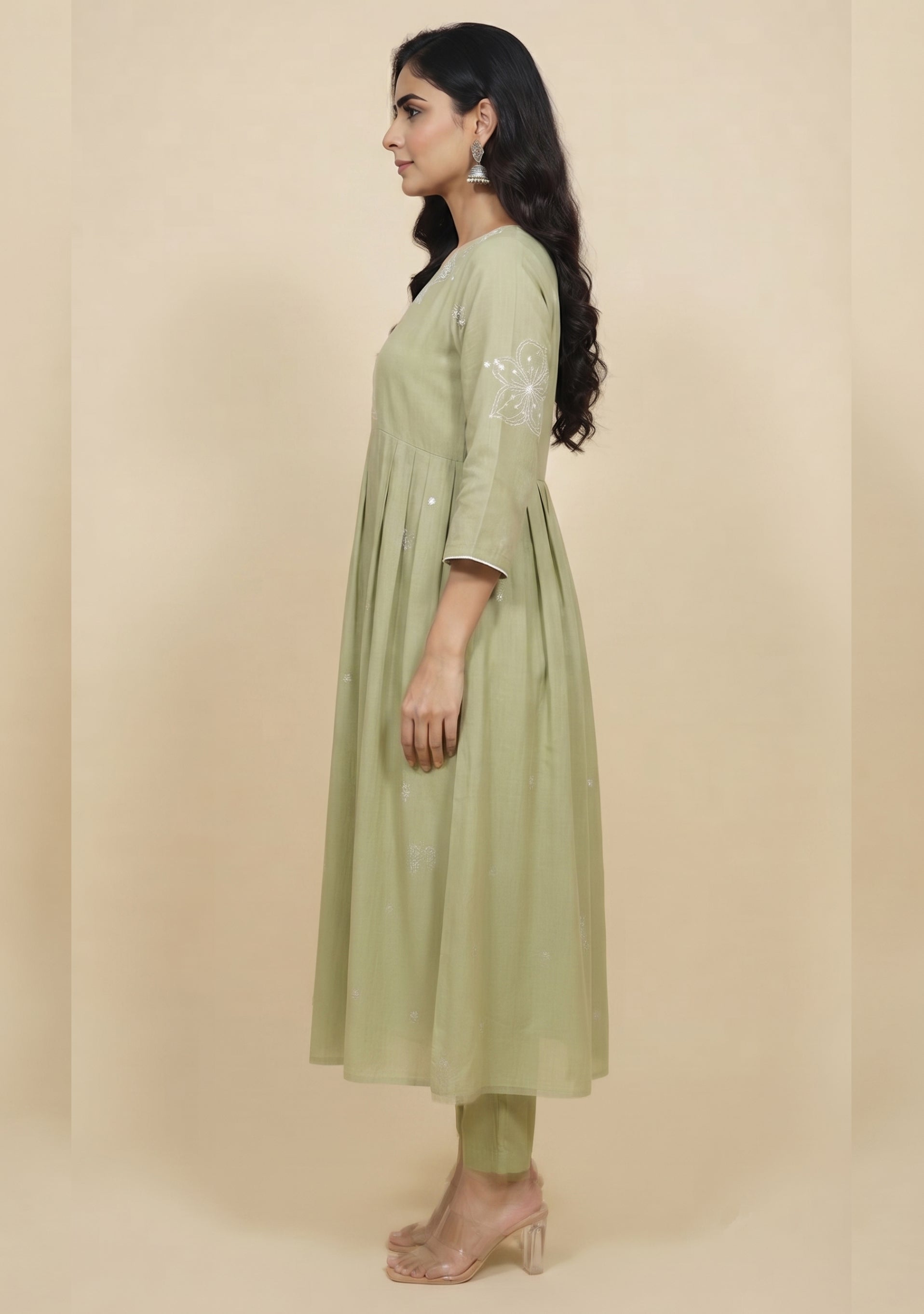 Light Sapphire Green Chanderi Handcrafted Gathered Suit Set