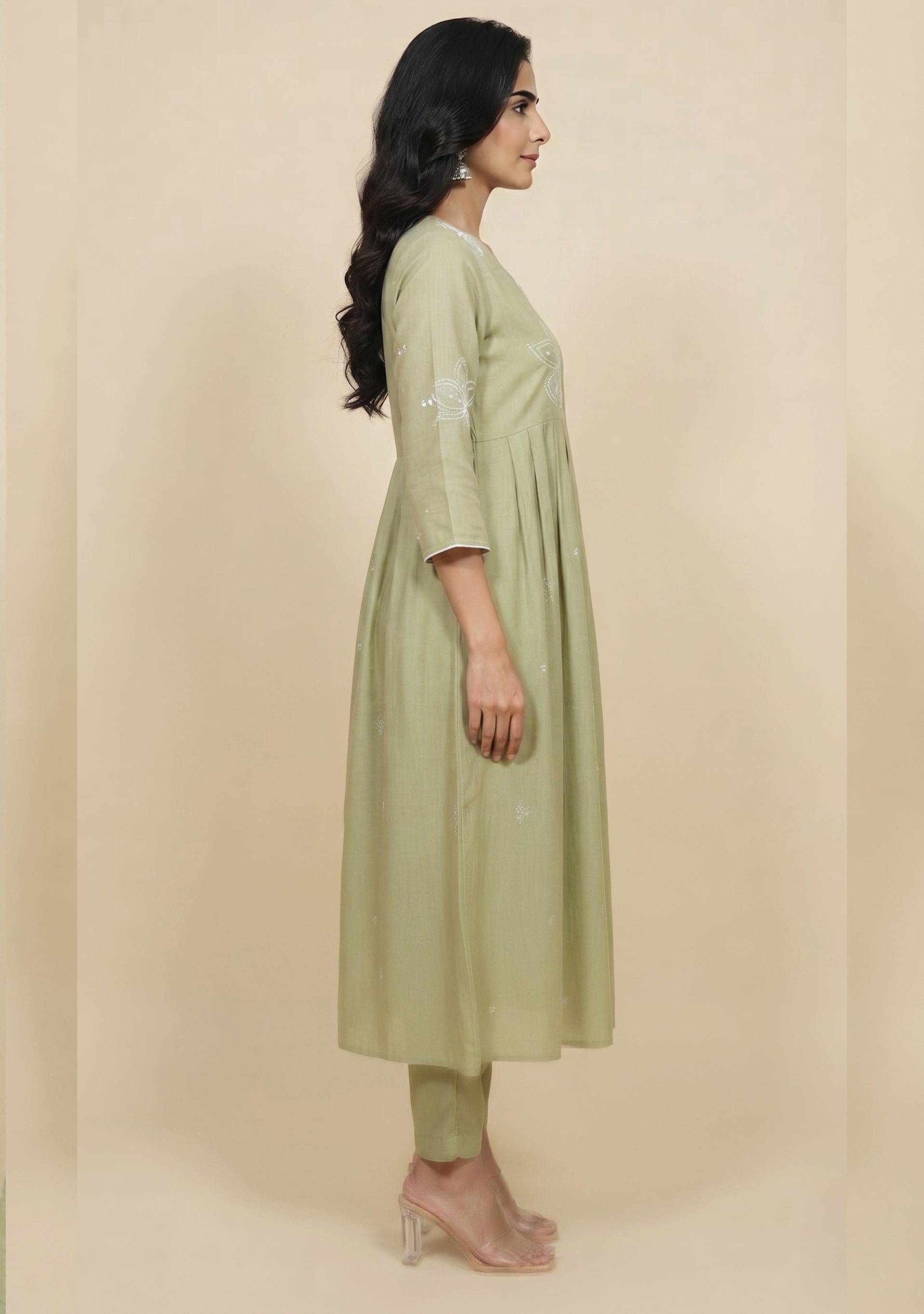 Light Sapphire Green Chanderi Handcrafted Gathered Suit Set