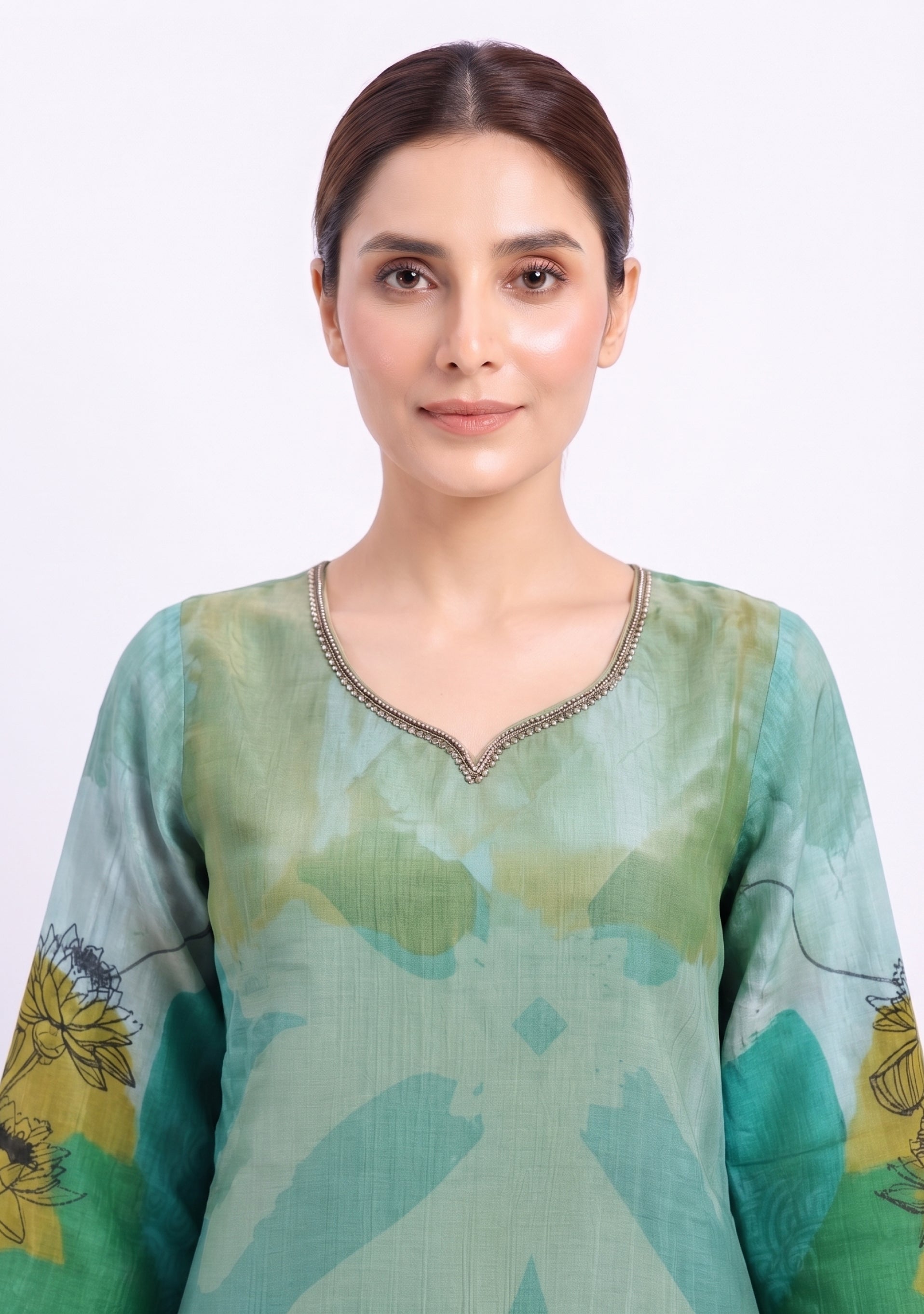 Light Sea Green Printed Crepe Handcrafted 3pc suit set