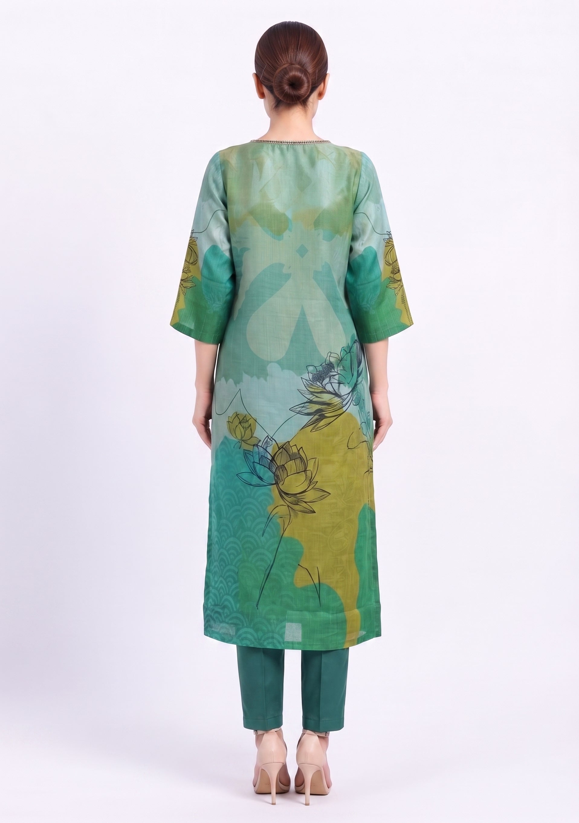 Light Sea Green Printed Crepe Handcrafted 3pc suit set