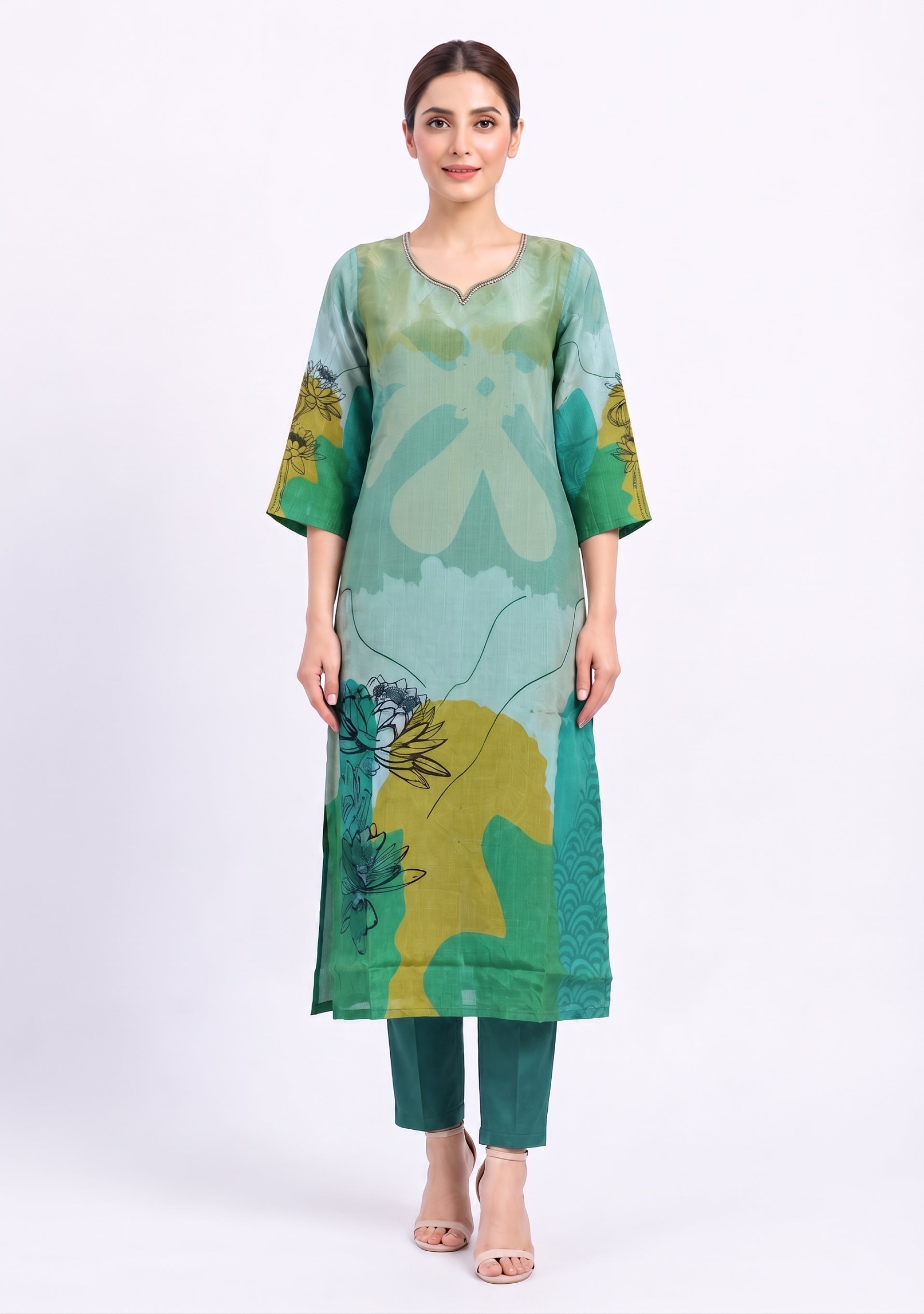 Light Sea Green Printed Crepe Handcrafted 3pc suit set
