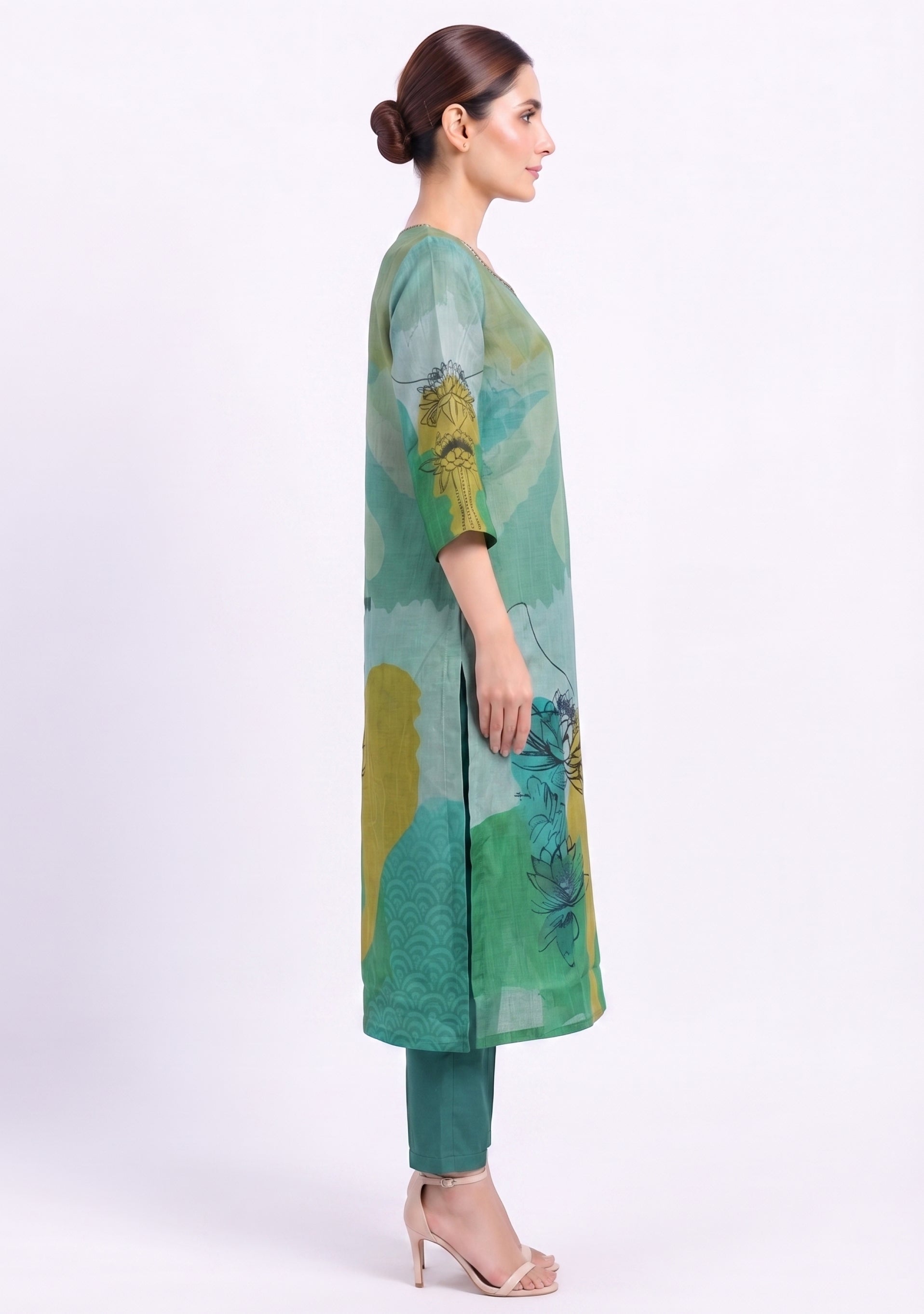 Light Sea Green Printed Crepe Handcrafted 3pc suit set