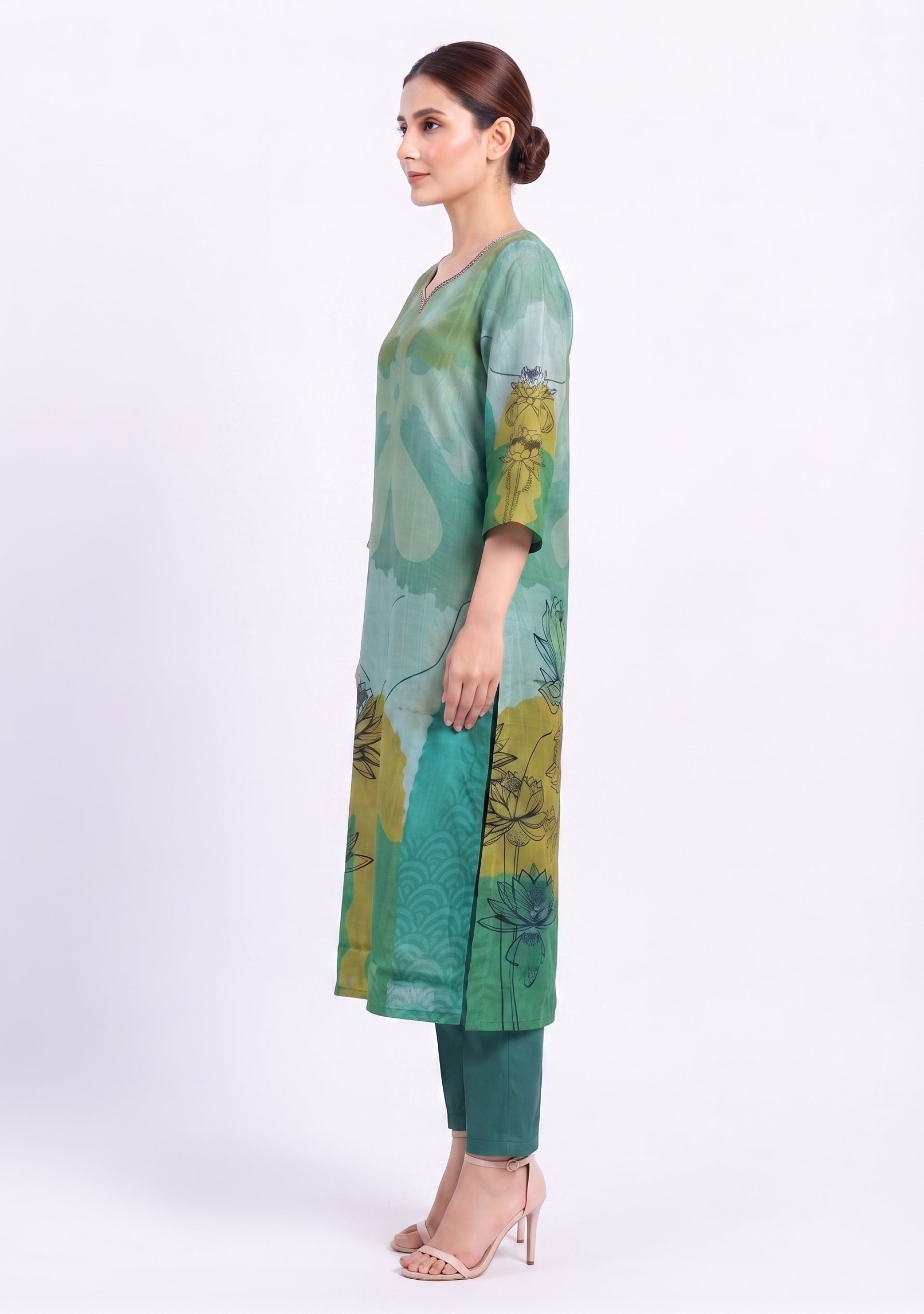 Light Sea Green Printed Crepe Handcrafted 3pc suit set