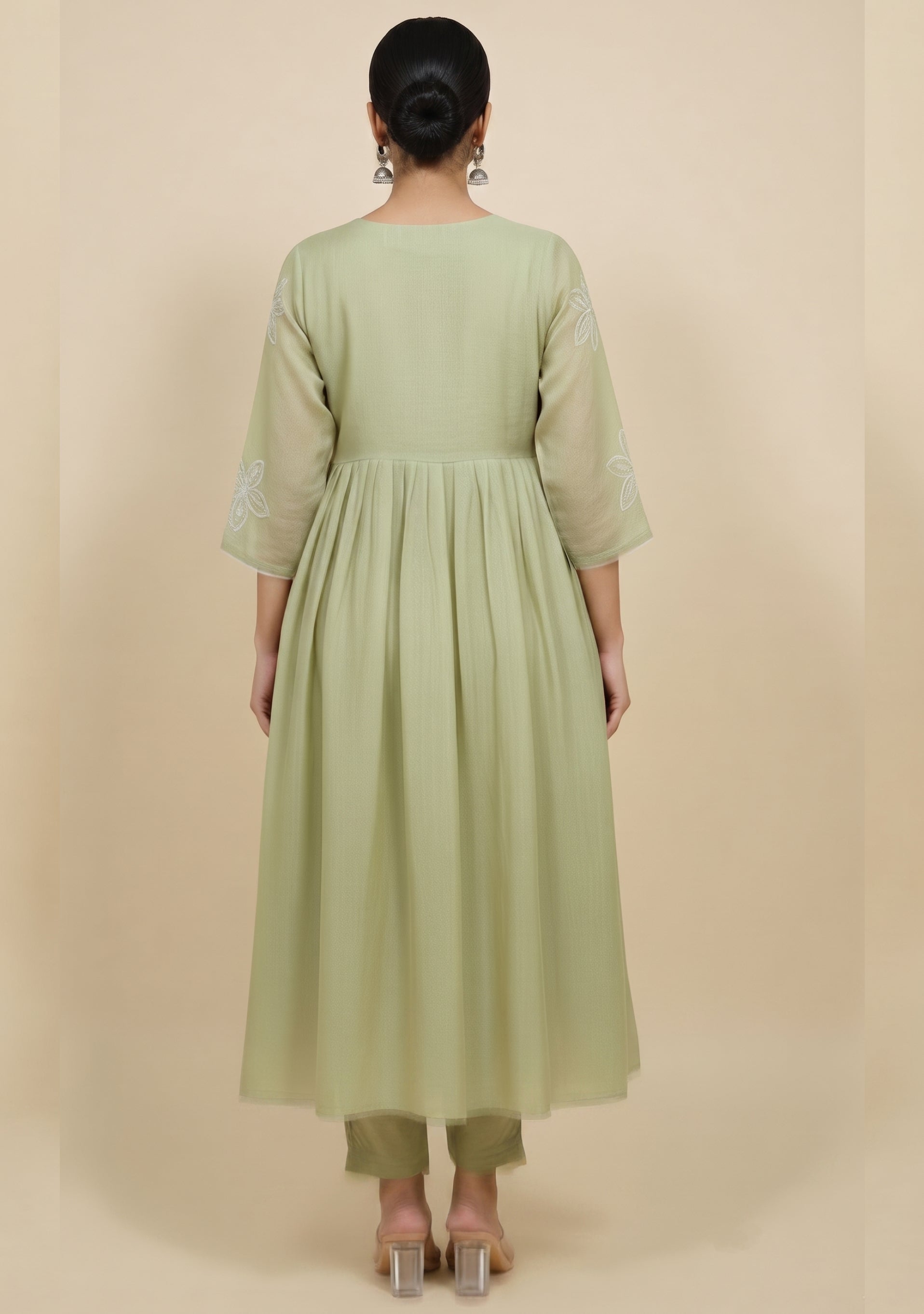 Light Sapphire Green Chanderi Handcrafted Gathered Suit Set