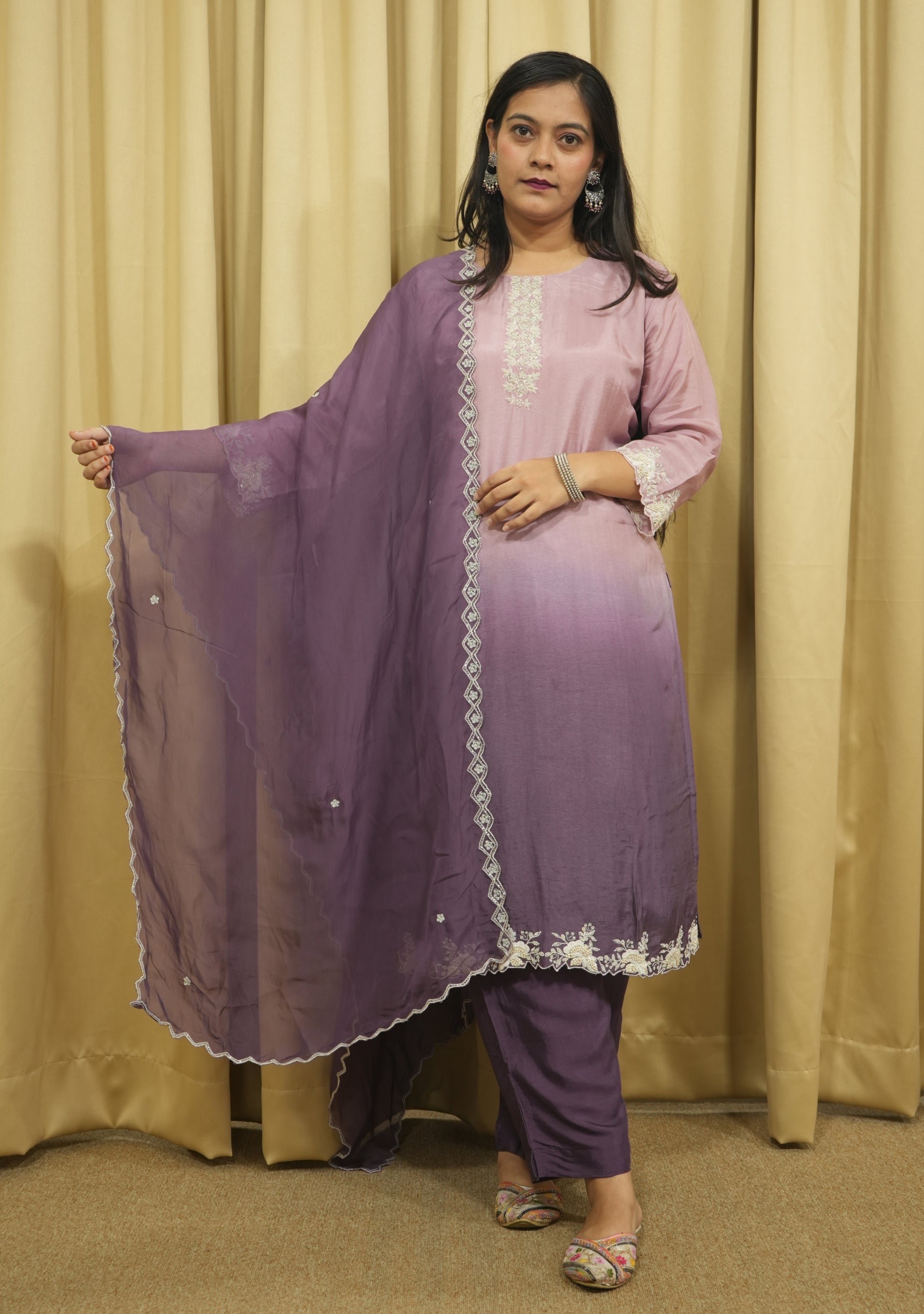 Lilac Purple Ombre Art Silk Handcrafted 3pc suit set