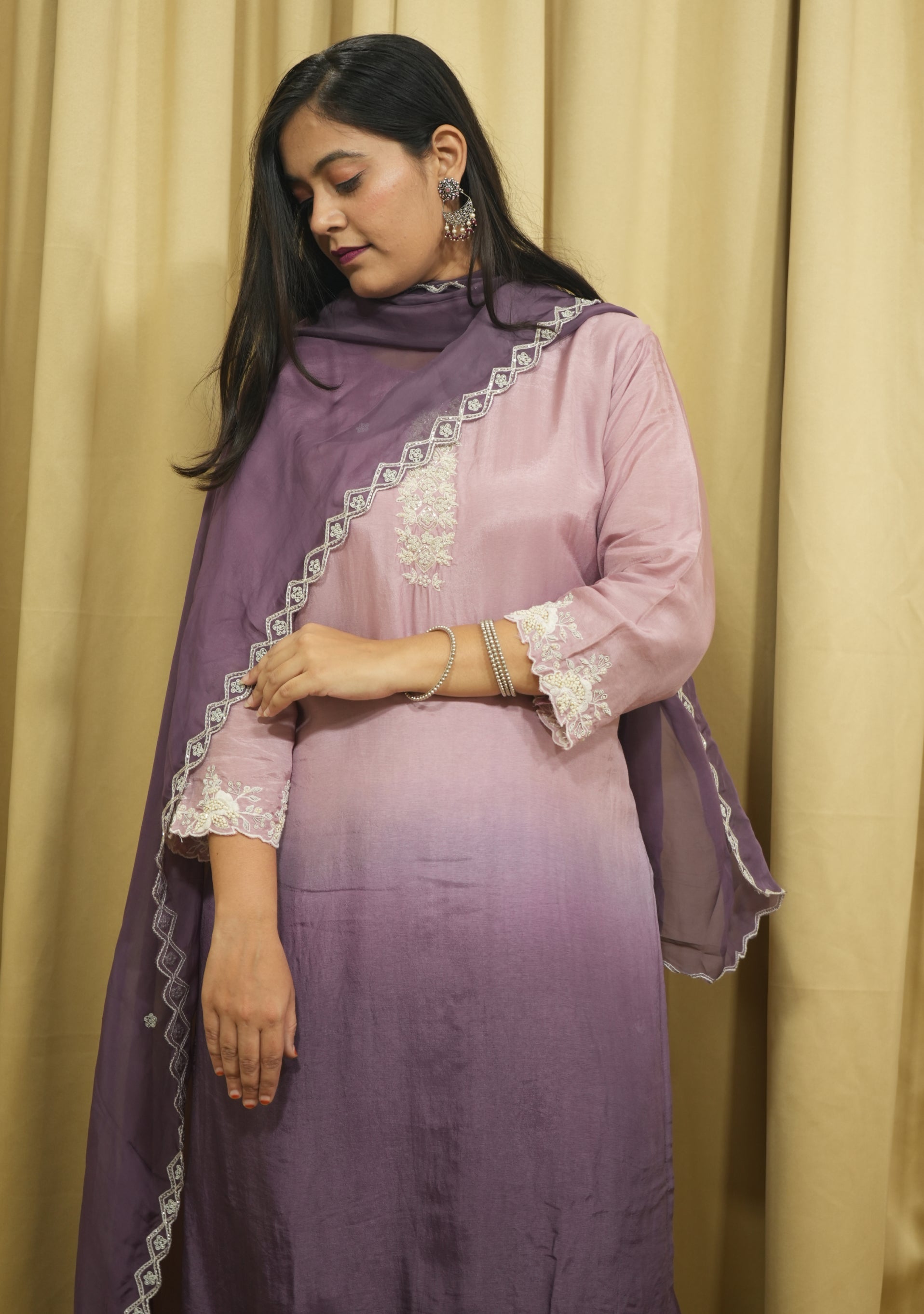 Lilac Purple Ombre Art Silk Handcrafted 3pc suit set