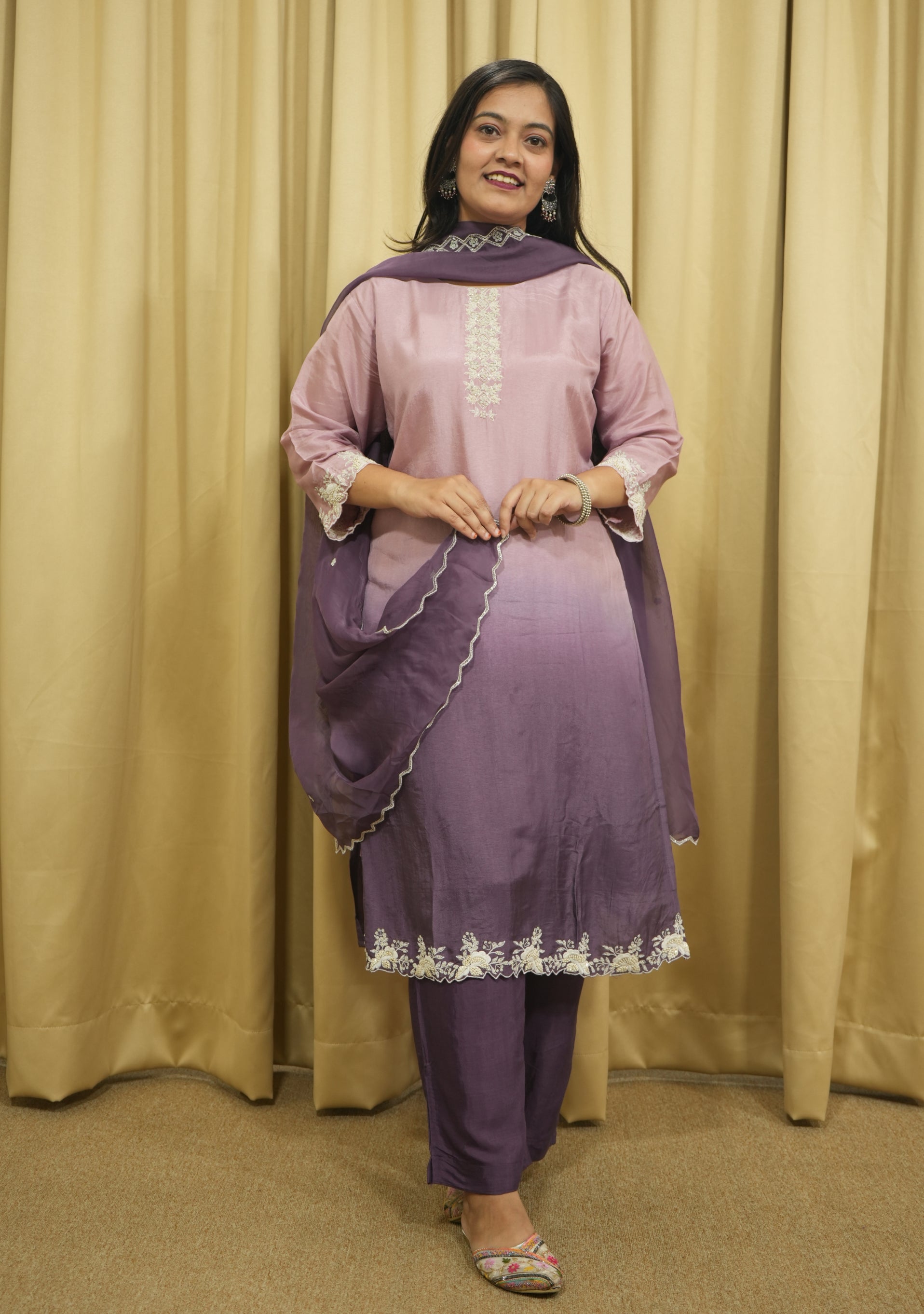 Lilac Purple Ombre Art Silk Handcrafted 3pc suit set