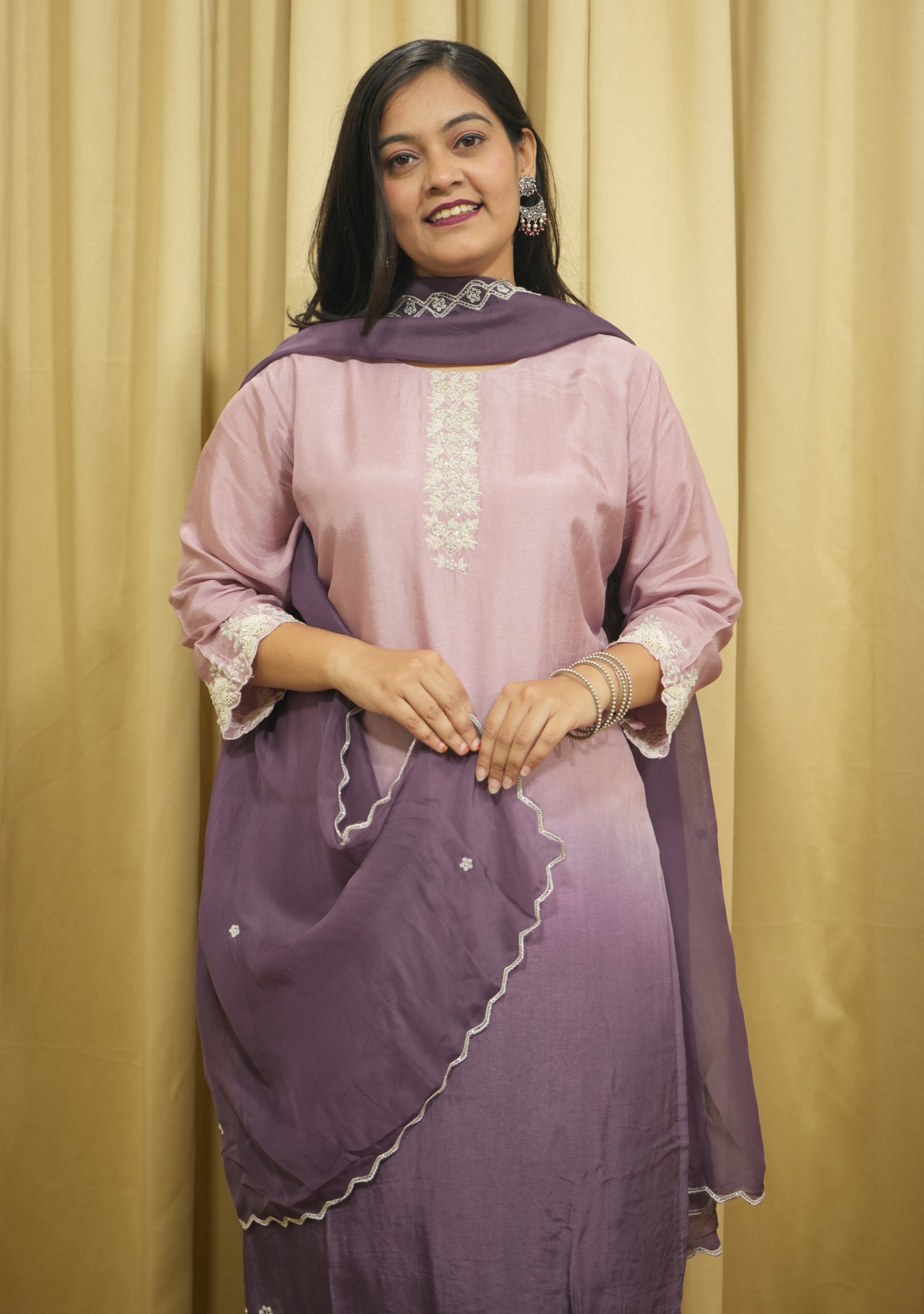 Lilac Purple Ombre Art Silk Handcrafted 3pc suit set