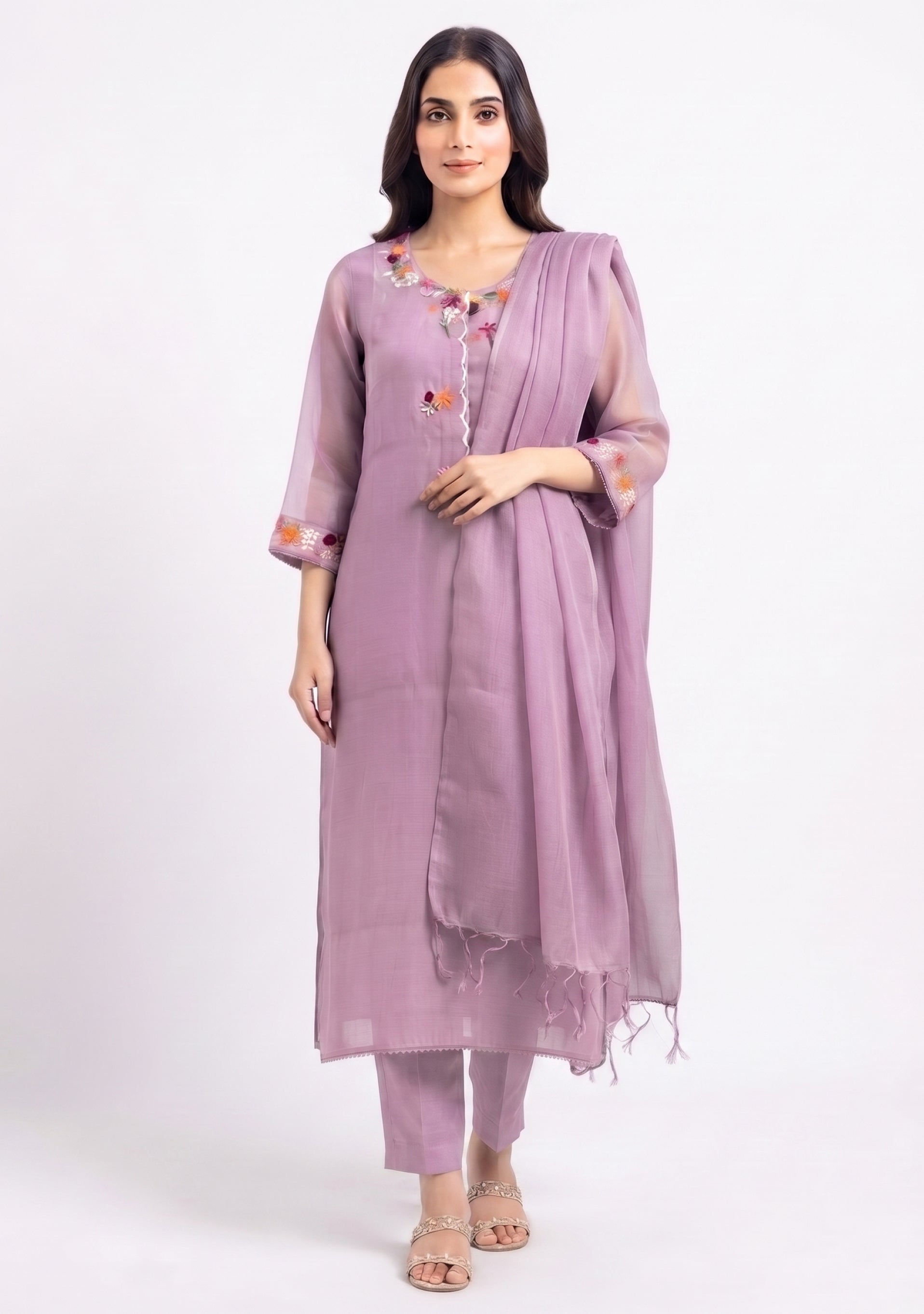 Lilac Chanderi Silk Handcrafted A-line Suit set