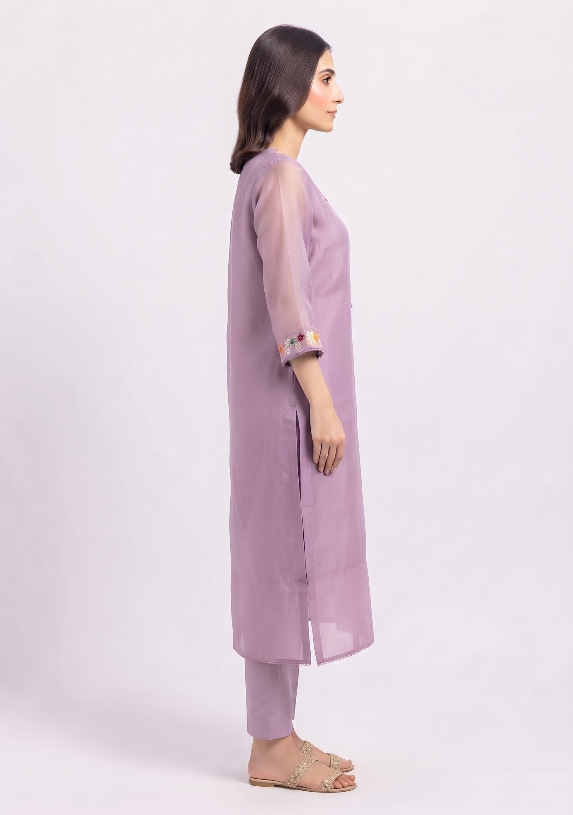 Lilac Chanderi Silk Handcrafted A-line Suit set