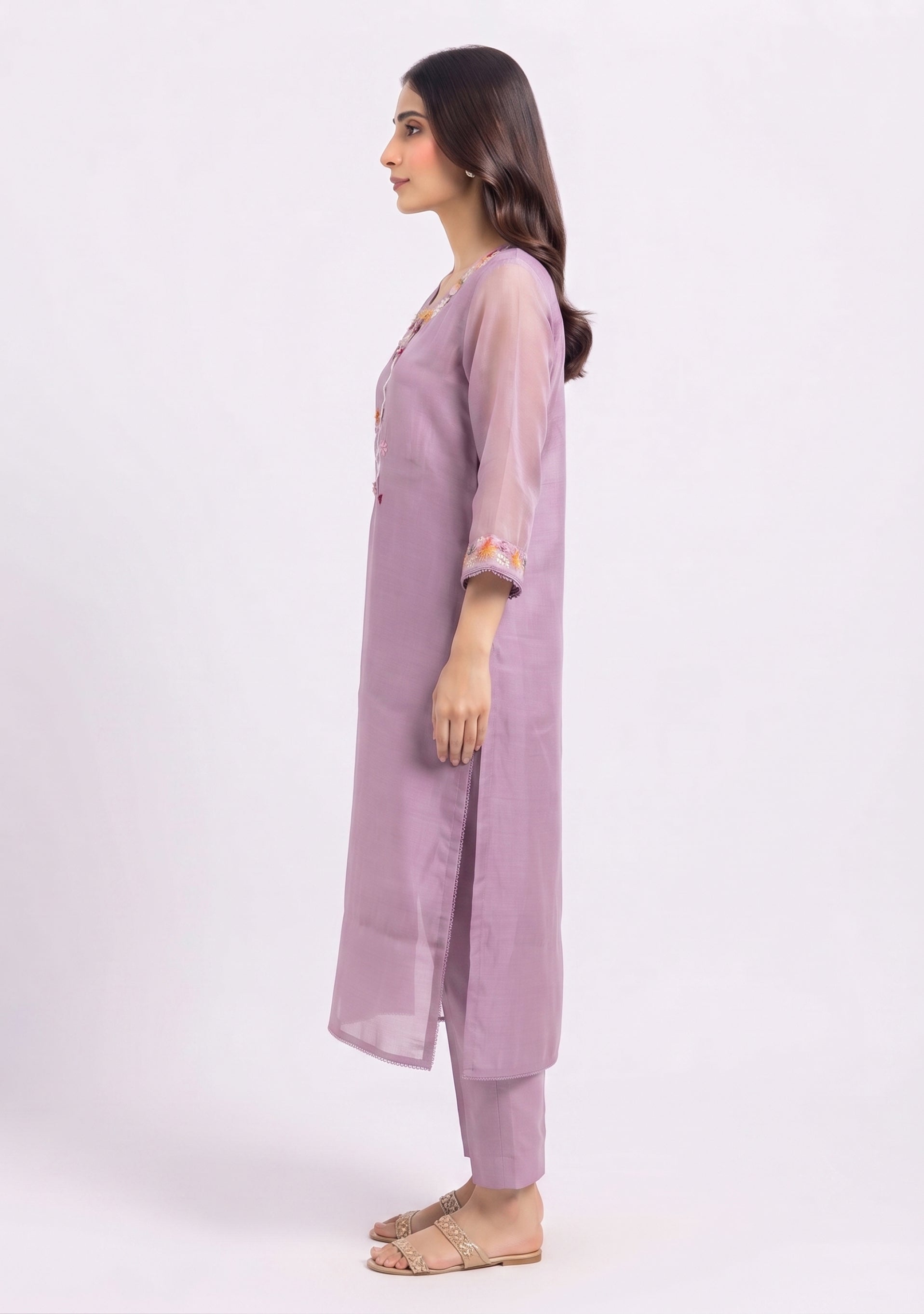 Lilac Chanderi Silk Handcrafted A-line Suit set