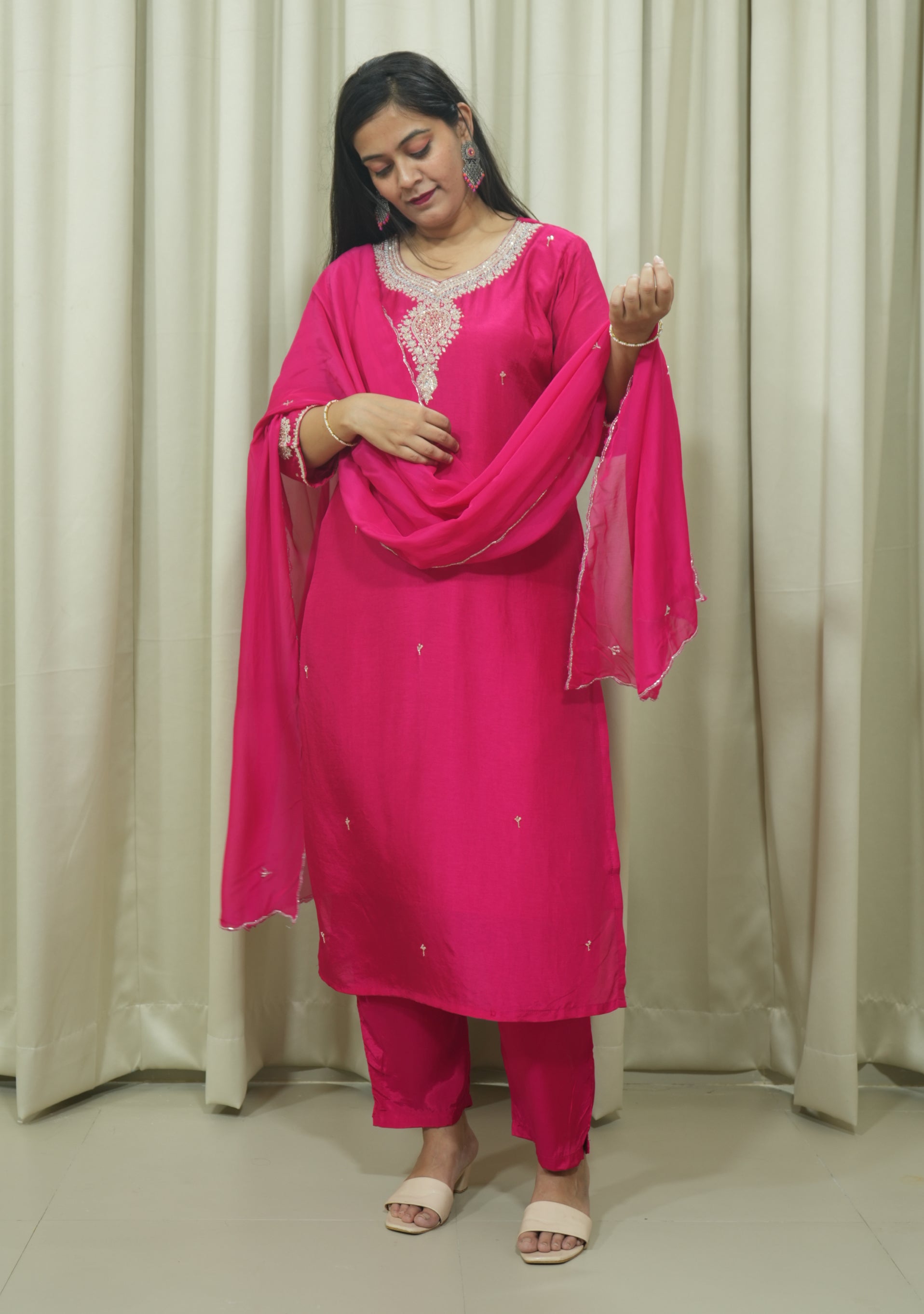 Magenta Chanderi Handcrafted 3pc suit set