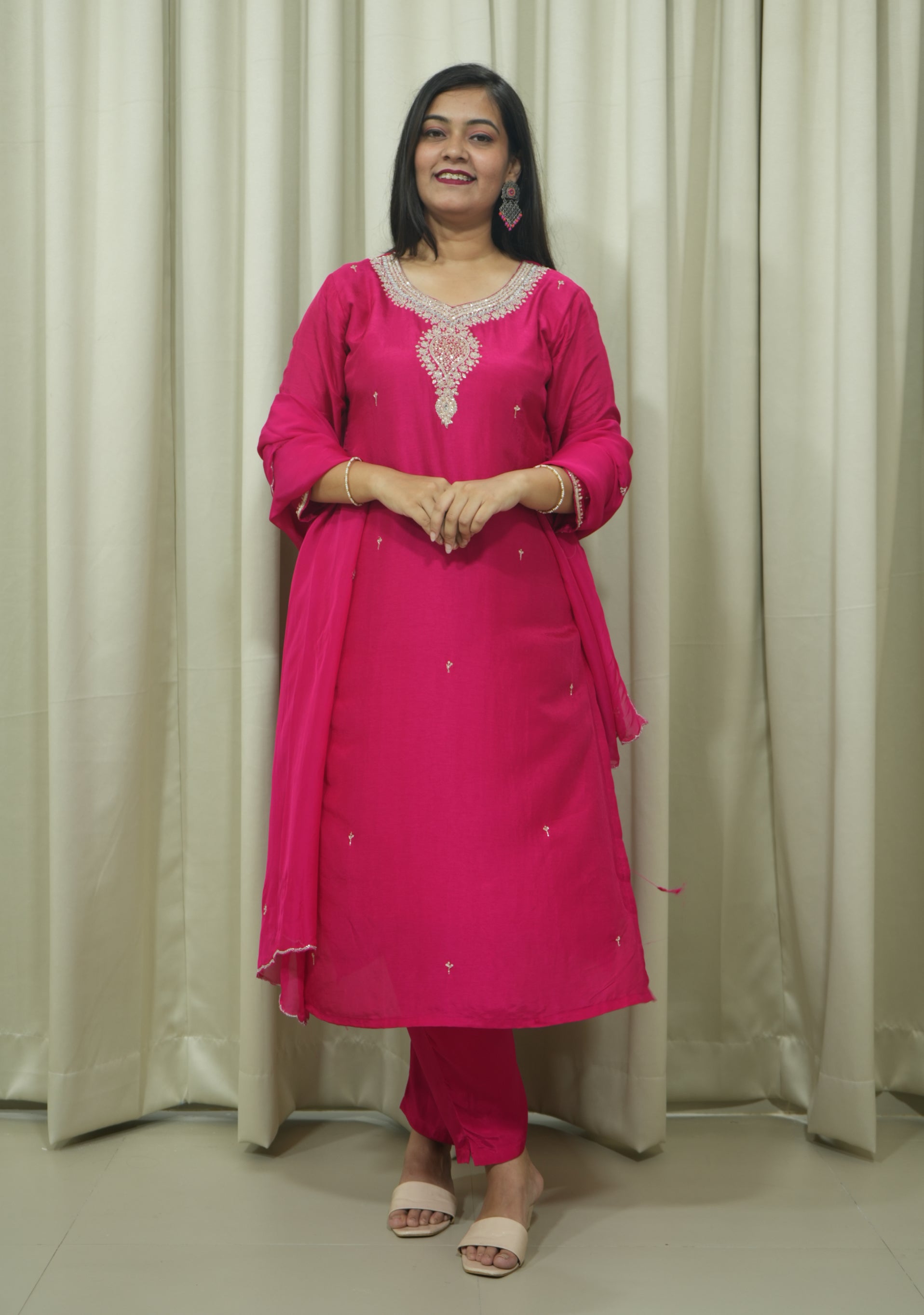 Magenta Chanderi Handcrafted 3pc suit set