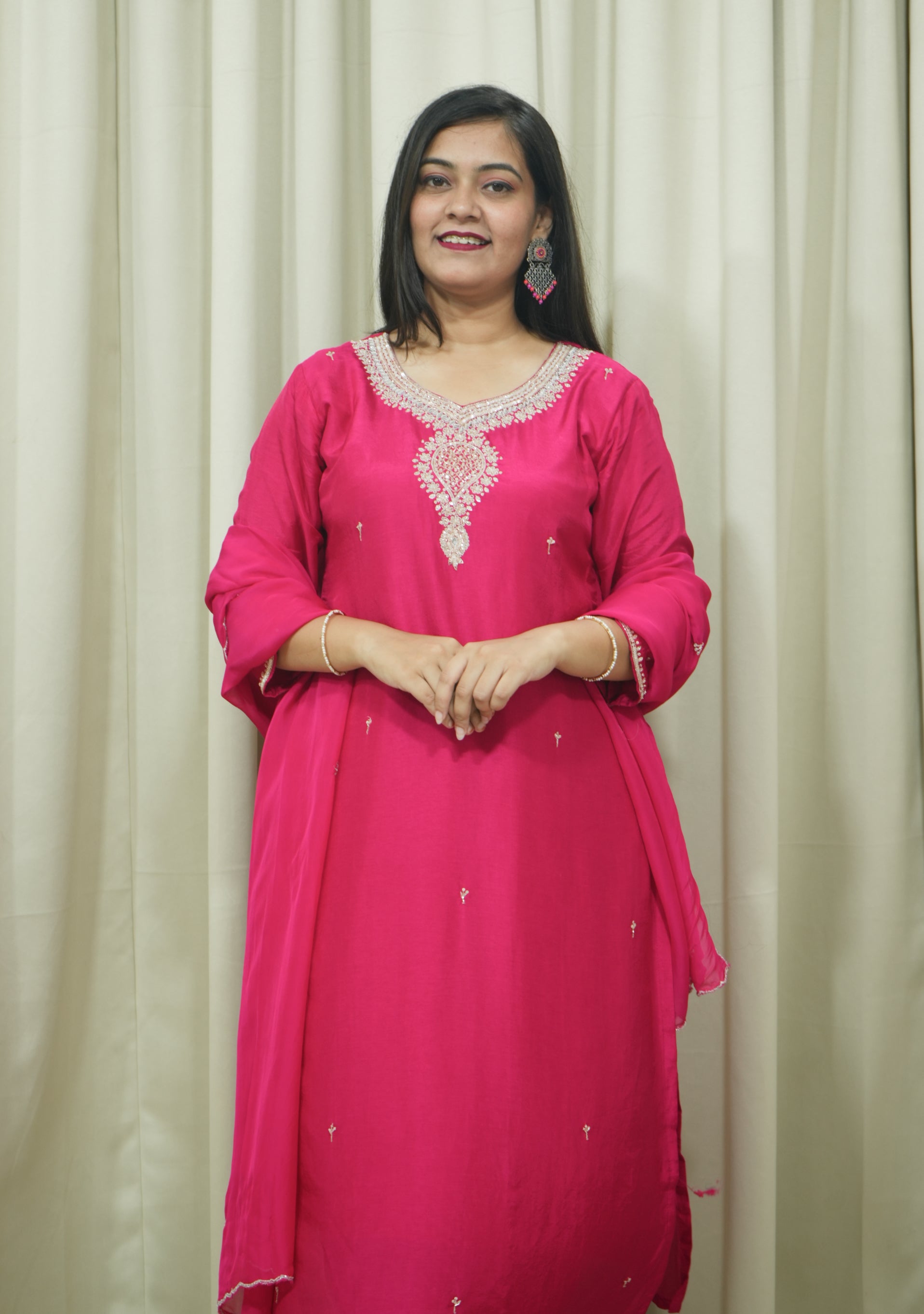 Magenta Chanderi Handcrafted 3pc suit set