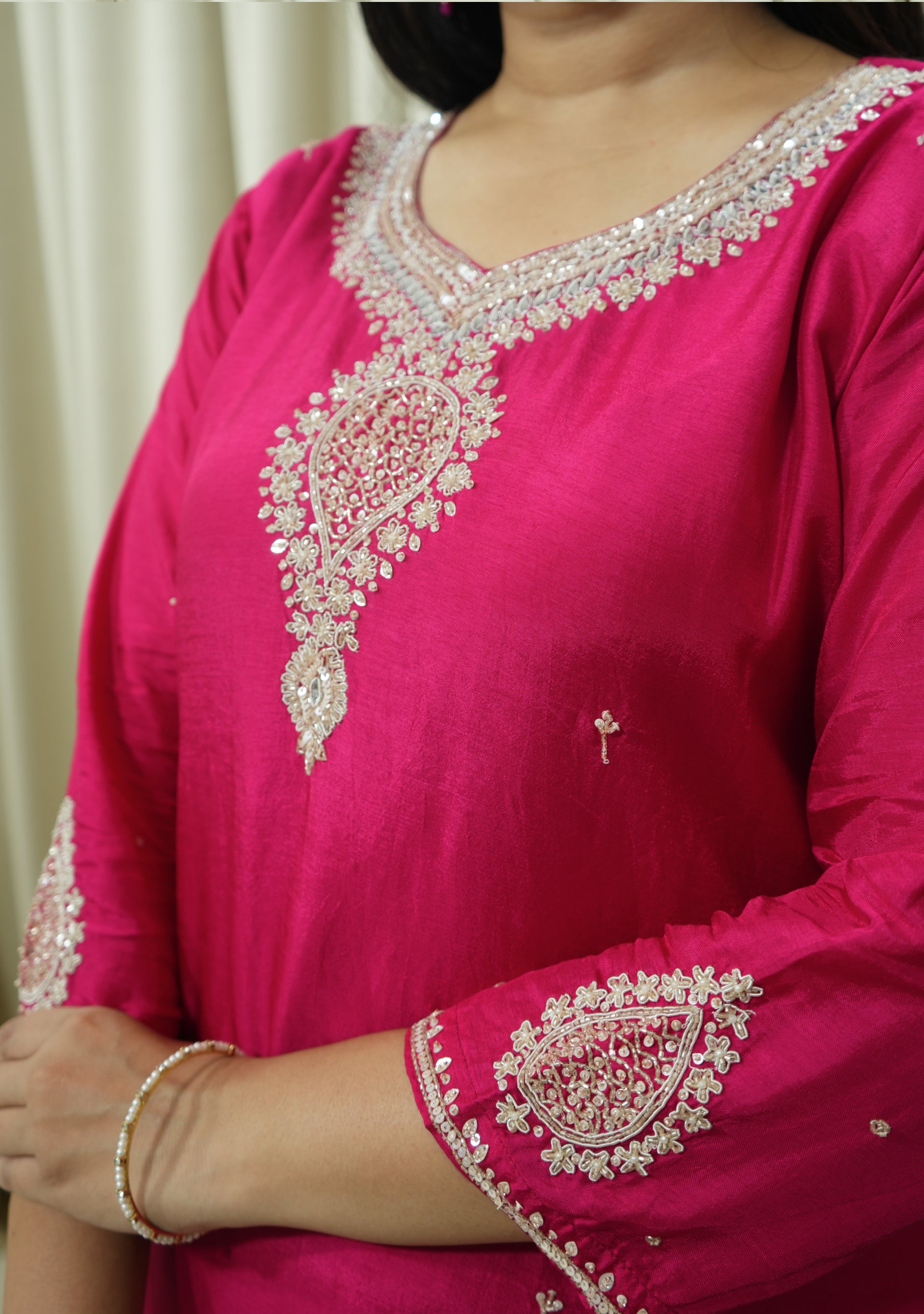 Magenta Chanderi Handcrafted 3pc suit set