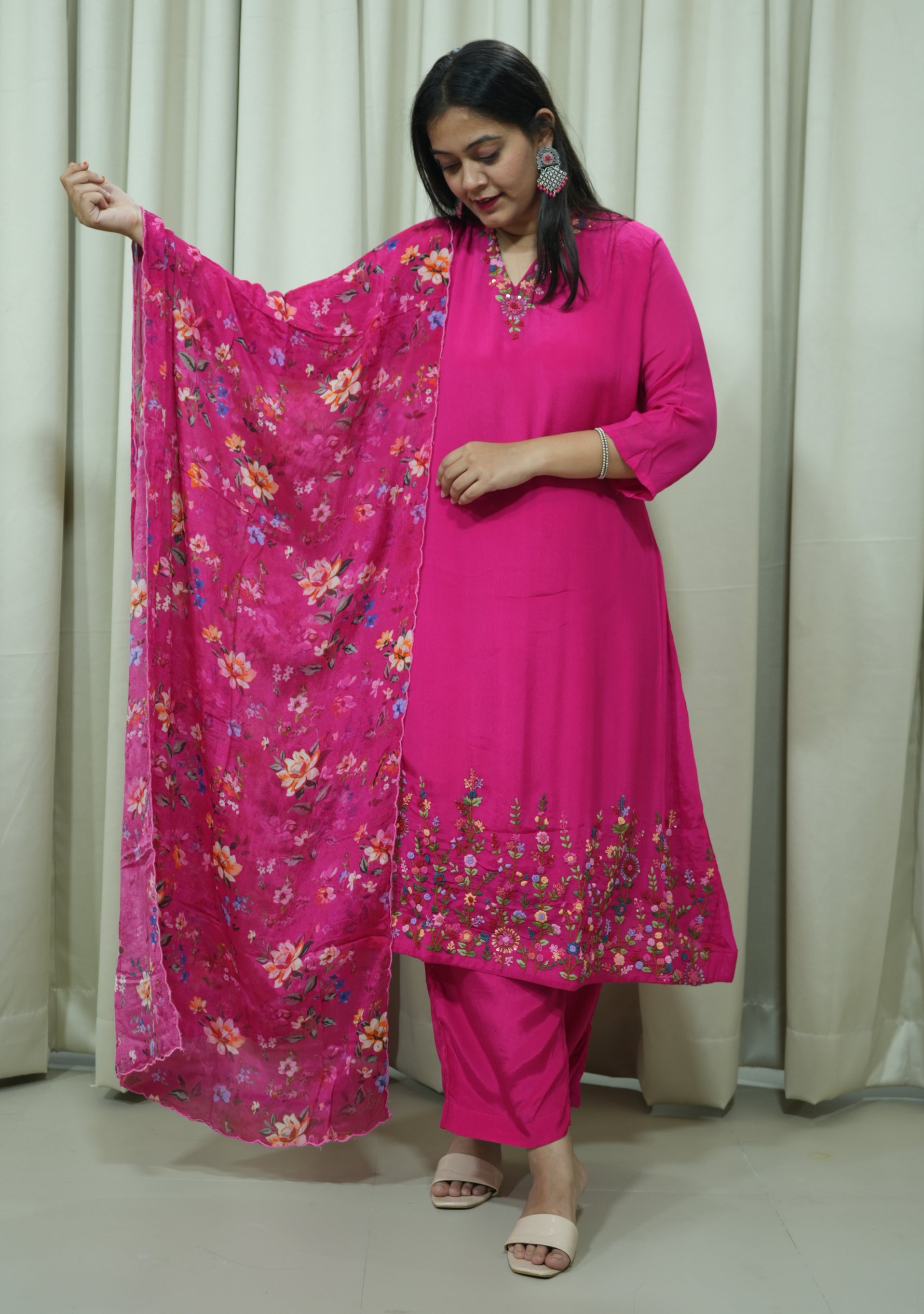 Magenta Chinon Handcrafted 3pc suit set